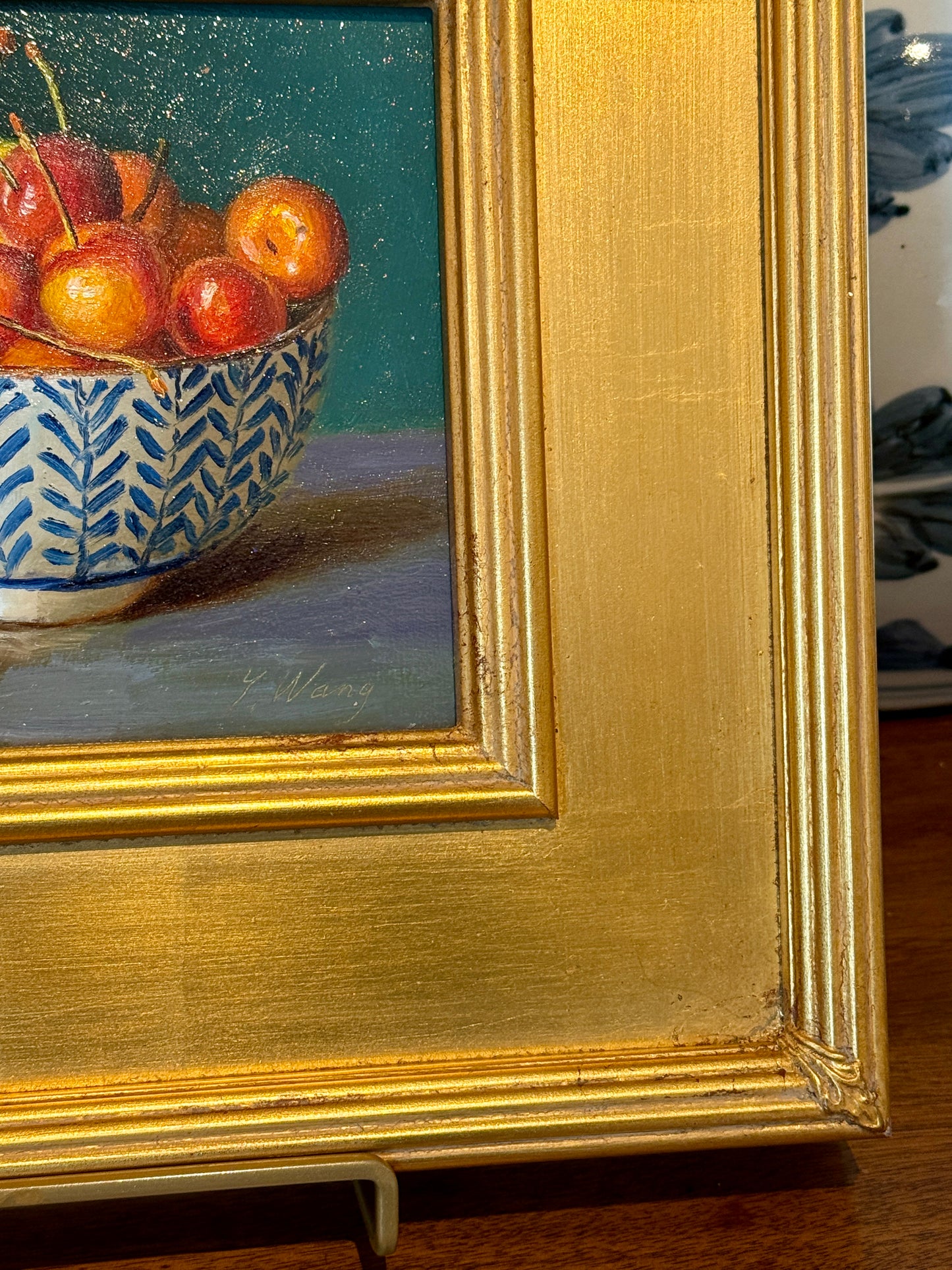 Youqing Wang Rainier Cherries in Blue and White Bowl Still Life Oil Painting in Gold Frame