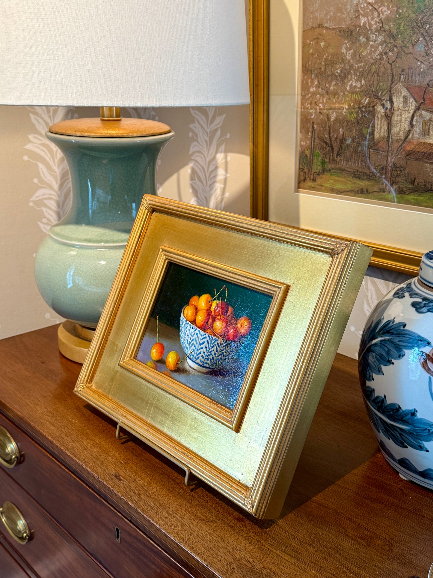 Youqing Wang Rainier Cherries in Blue and White Bowl Still Life Oil Painting in Gold Frame
