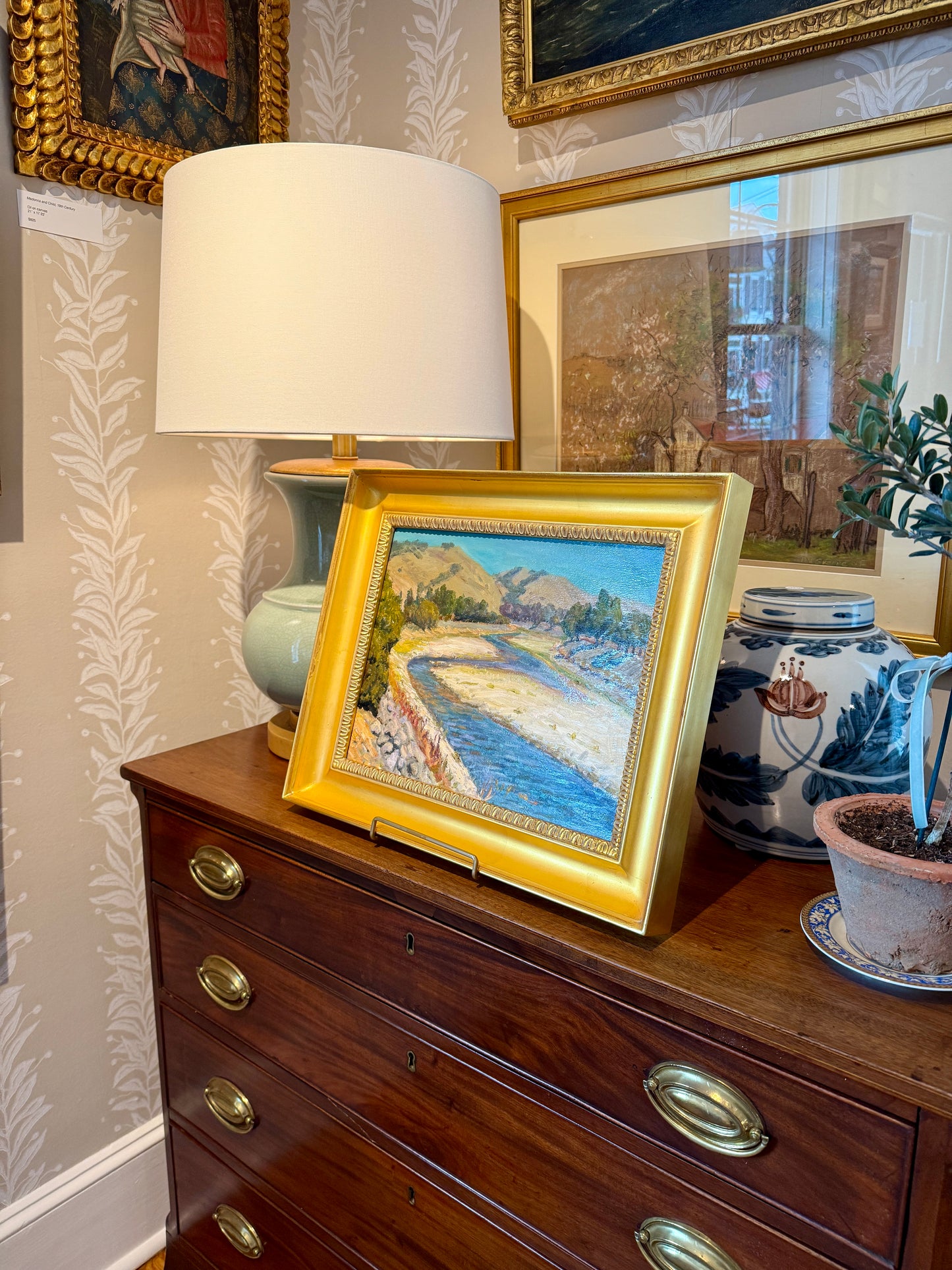 Youqing Wang California Streamside Landscape Oil Painting in Gold Frame