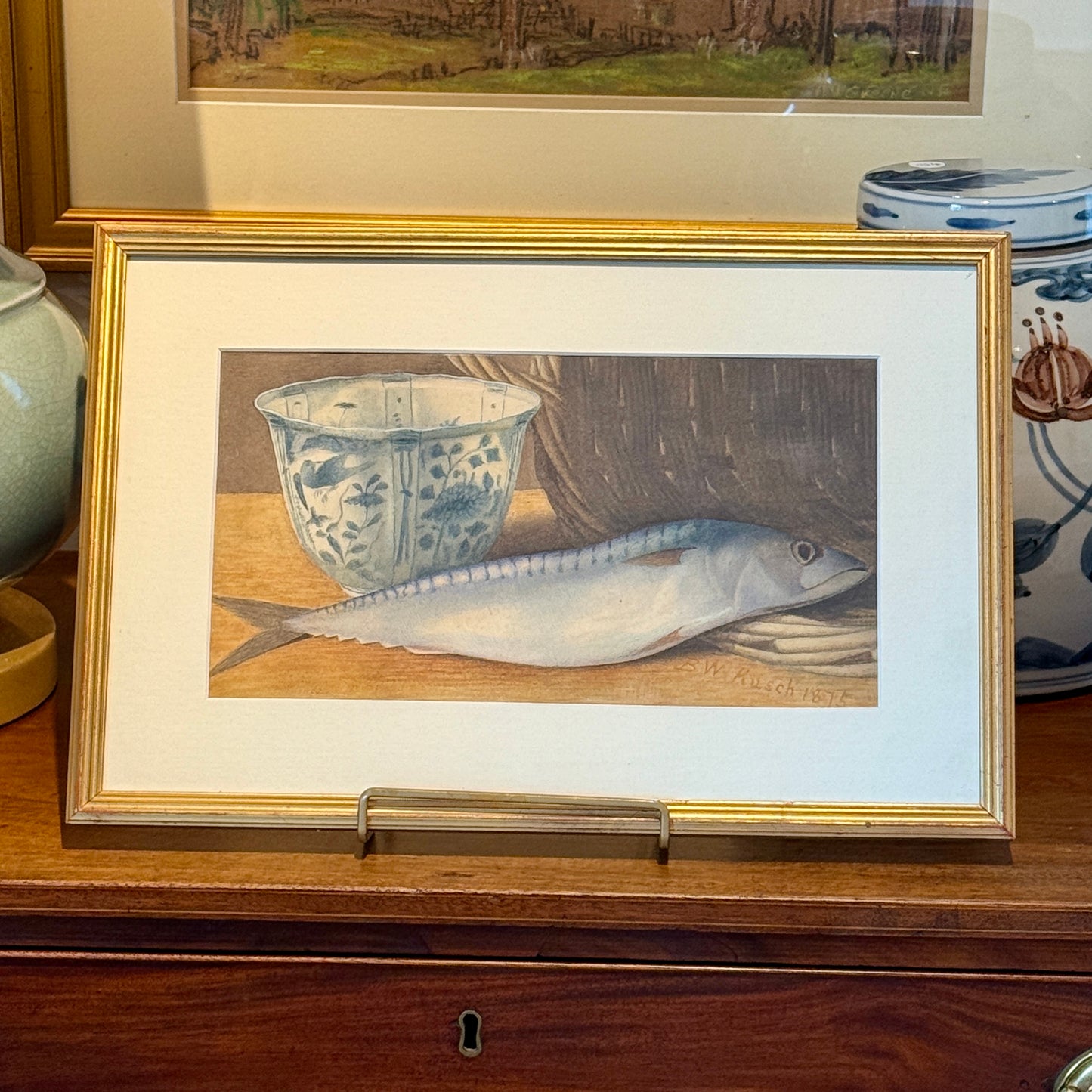 B.W. Rusch 19th Century Mackerel, Basket and Blue and White Bowl Still Life Watercolor Painting in Gold Frame