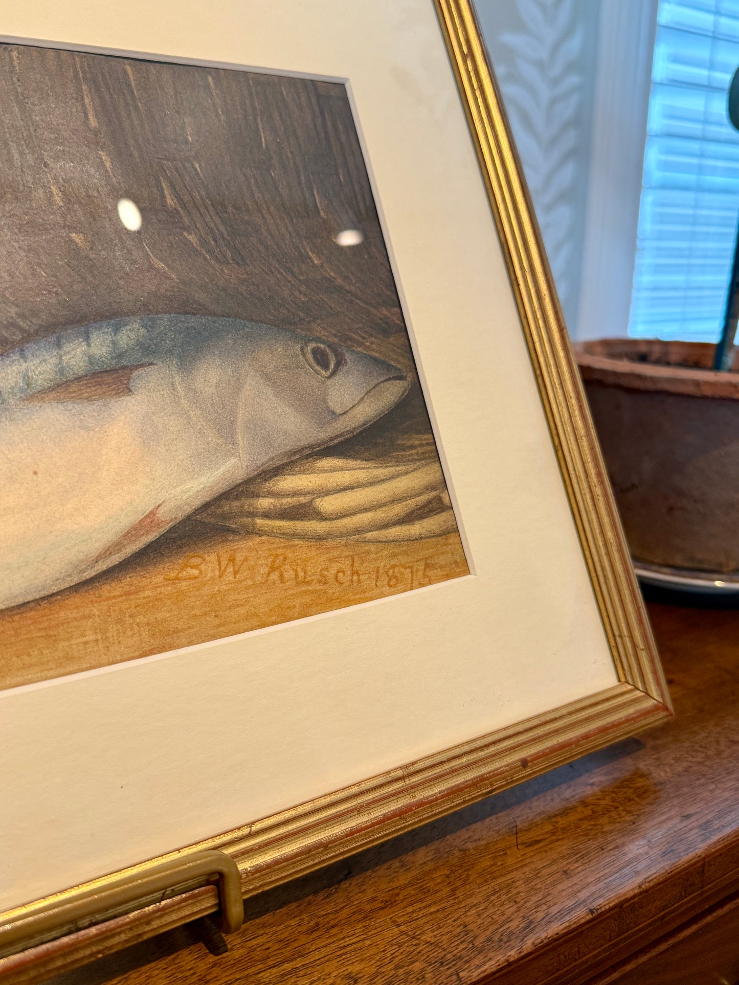 B.W. Rusch 19th Century Mackerel, Basket and Blue and White Bowl Still Life Watercolor Painting in Gold Frame