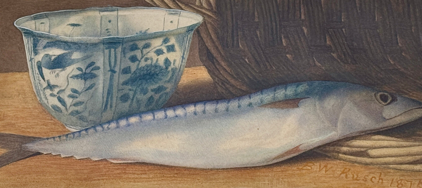 B.W. Rusch 19th Century Mackerel, Basket and Blue and White Bowl Still Life Watercolor Painting in Gold Frame
