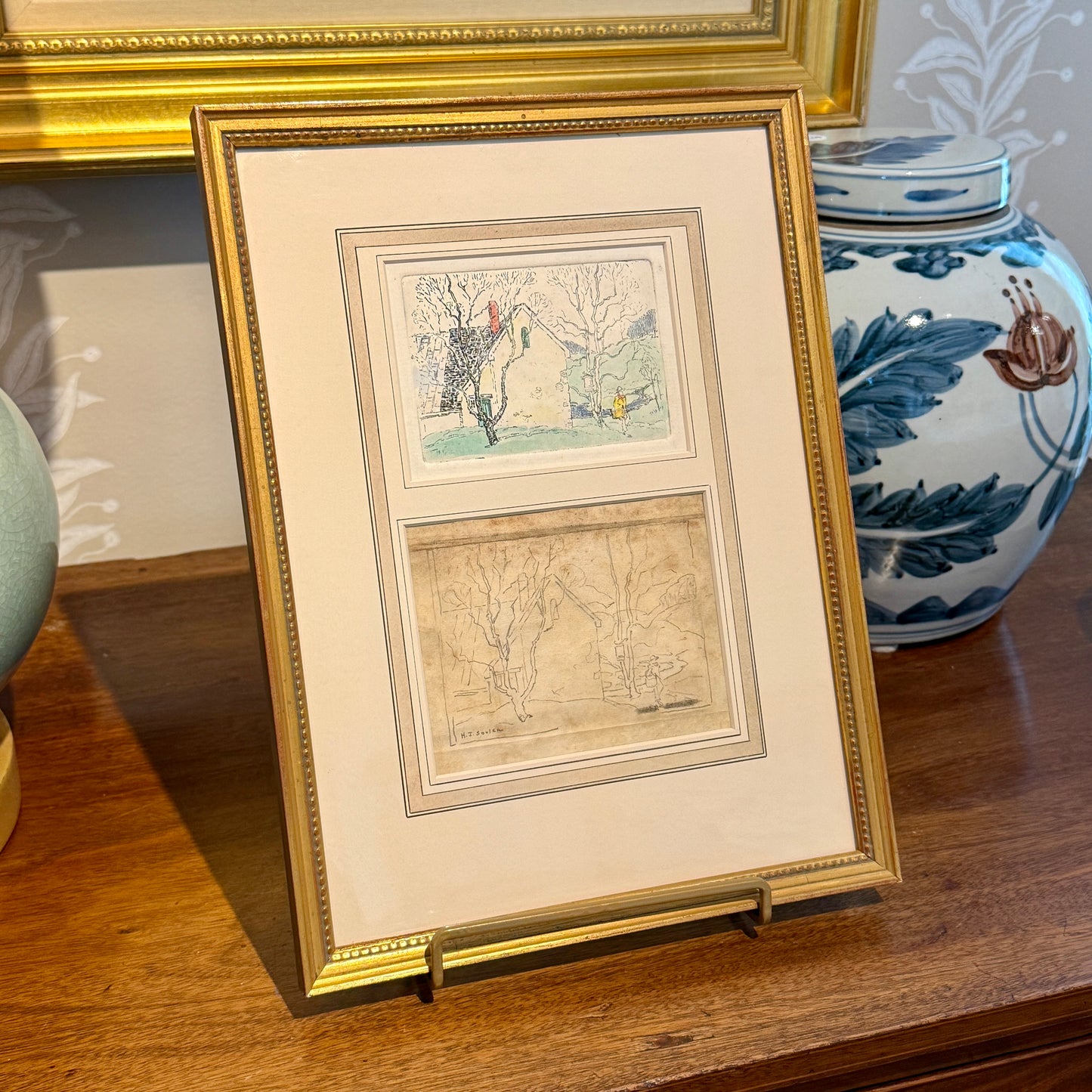 Henry James Soulen Winter Walk Pencil Sketch and Etching in Gold Frame