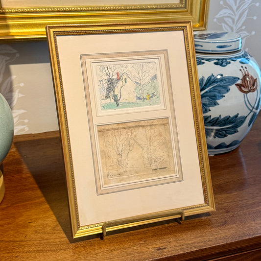 Henry James Soulen Winter Walk Pencil Sketch and Etching in Gold Frame