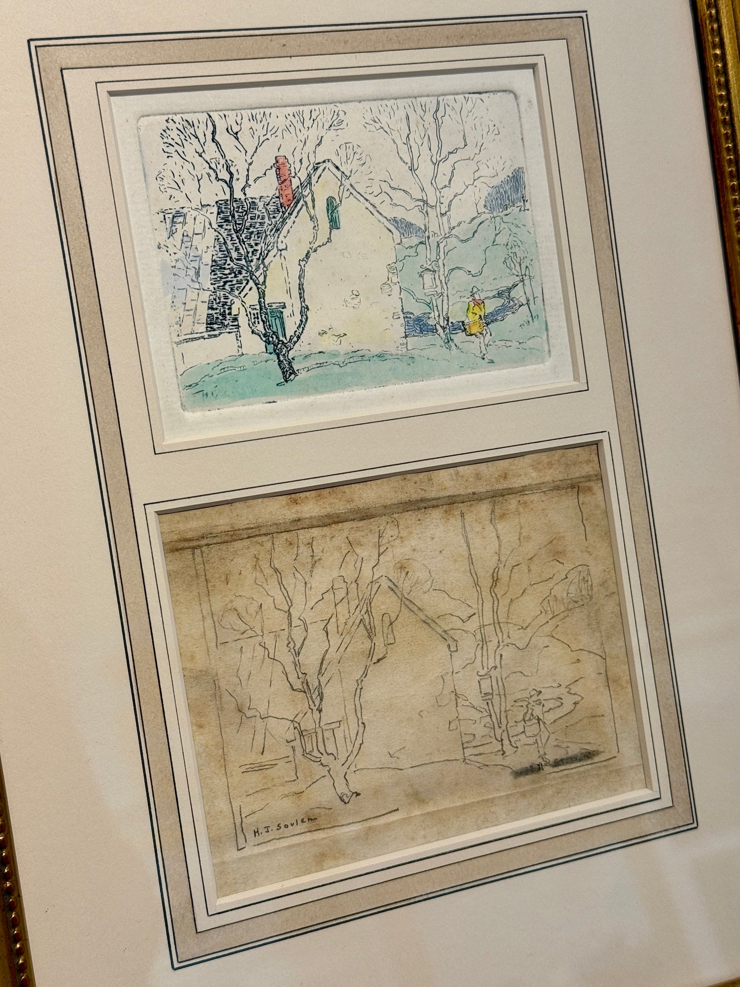 Henry James Soulen Winter Walk Pencil Sketch and Etching in Gold Frame