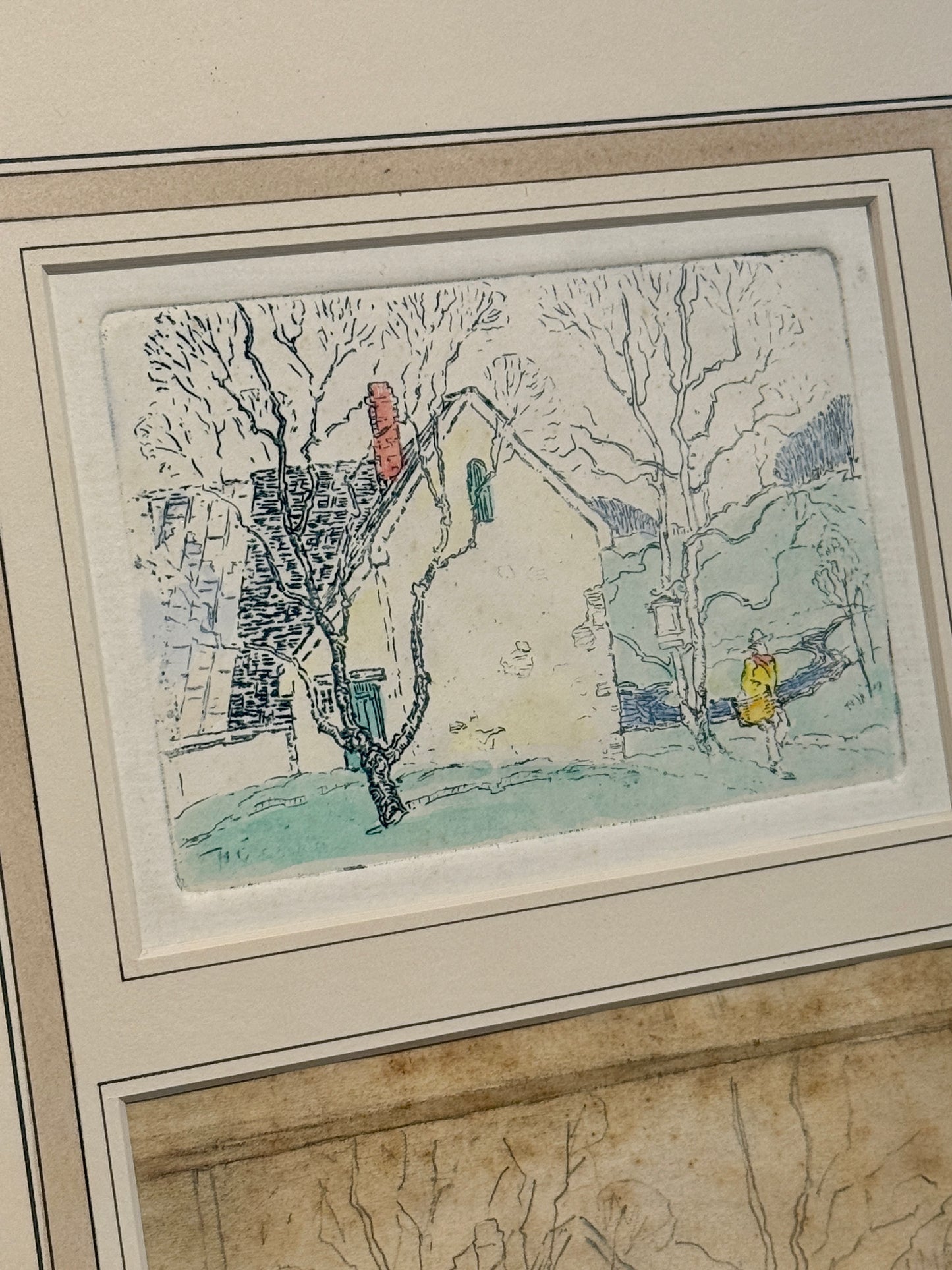 Henry James Soulen Winter Walk Pencil Sketch and Etching in Gold Frame