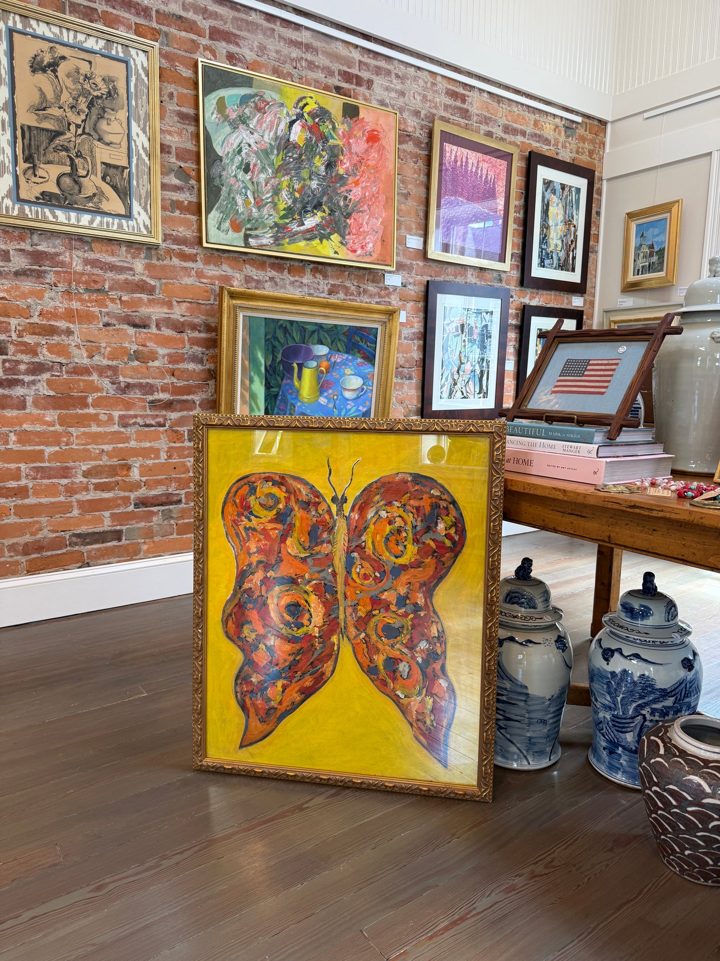 Peter Passuntino Mosaic Butterfly on Yellow Oil Painting in Vintage Gold Frame