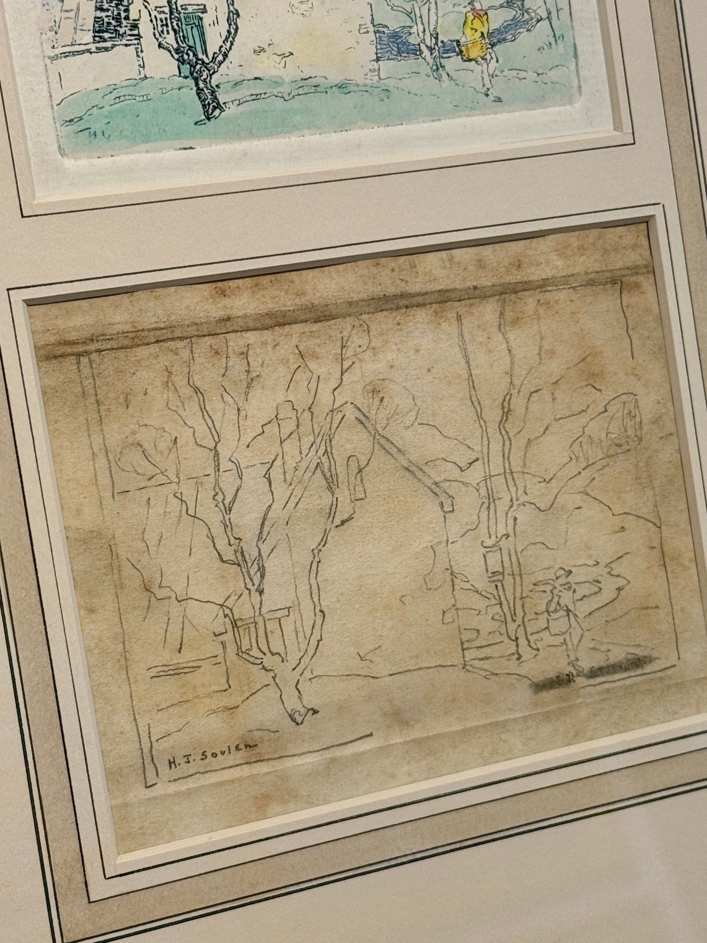 Henry James Soulen Winter Walk Pencil Sketch and Etching in Gold Frame