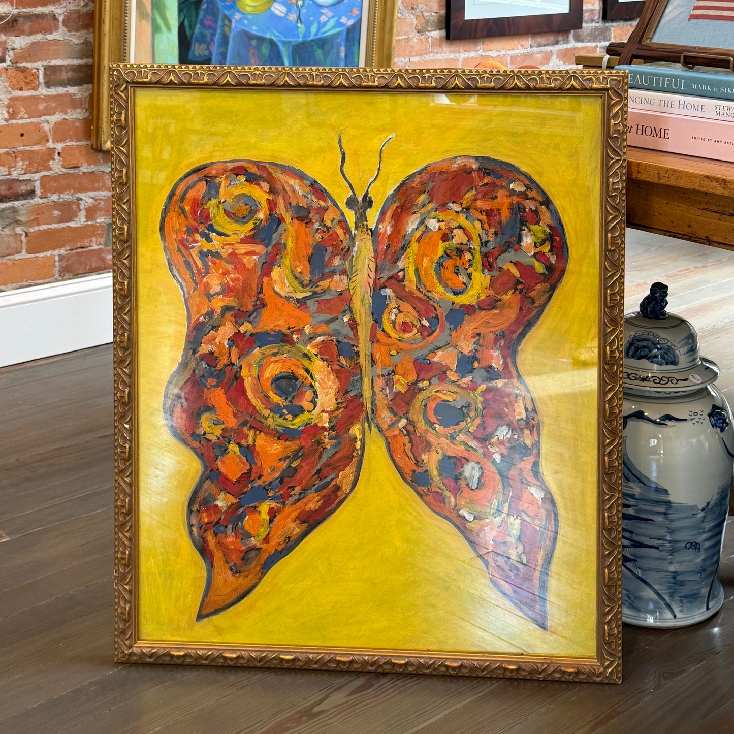Peter Passuntino Mosaic Butterfly on Yellow Oil Painting in Vintage Gold Frame