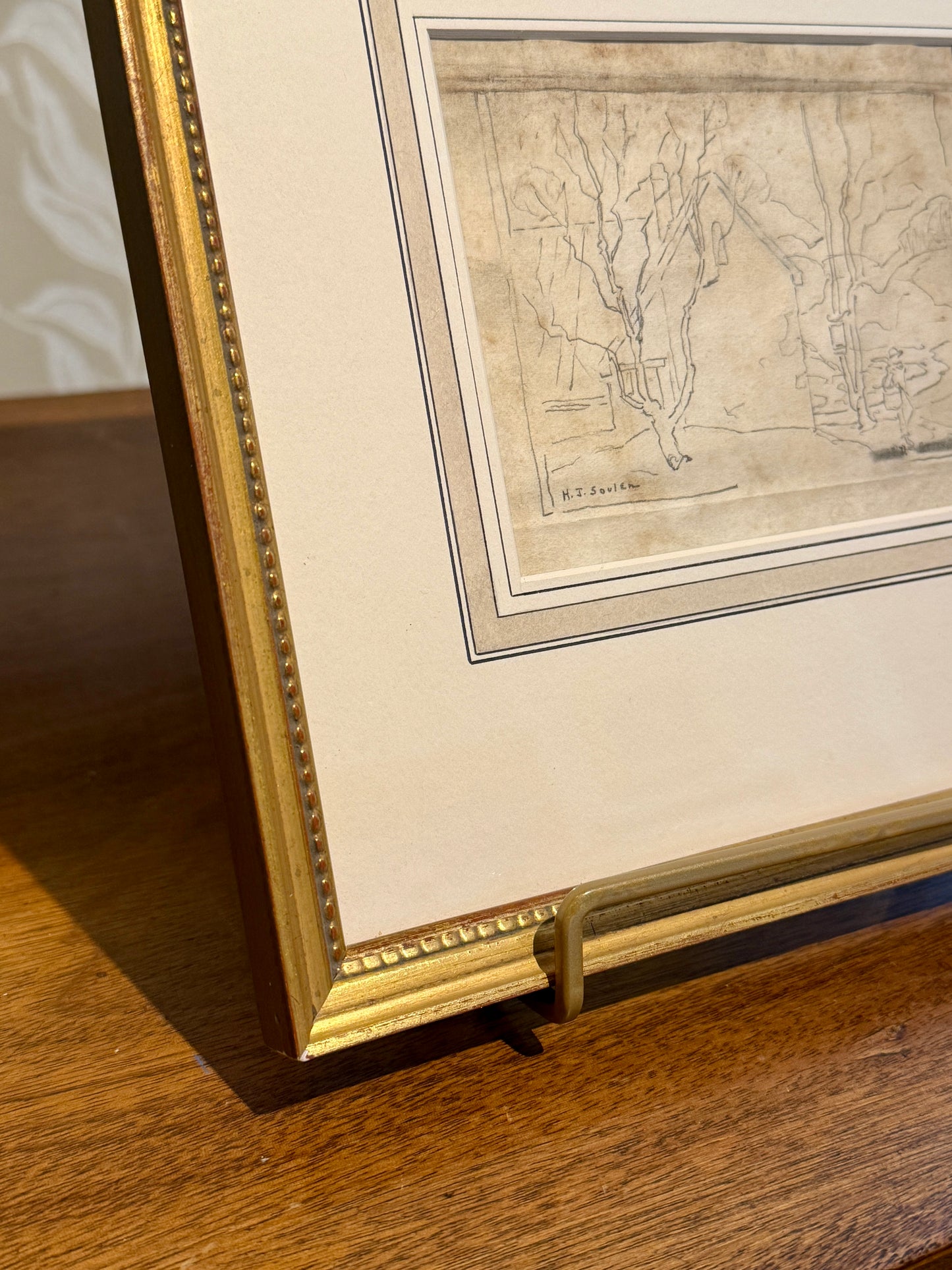 Henry James Soulen Winter Walk Pencil Sketch and Etching in Gold Frame