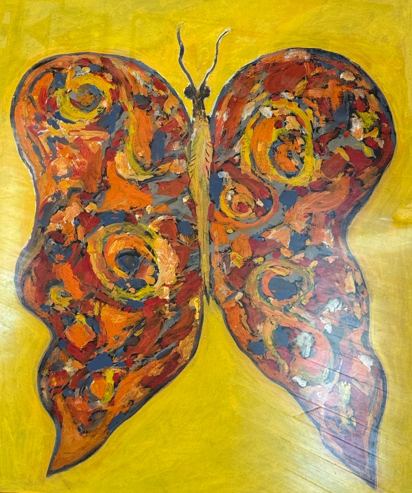 Peter Passuntino Mosaic Butterfly on Yellow Oil Painting in Vintage Gold Frame