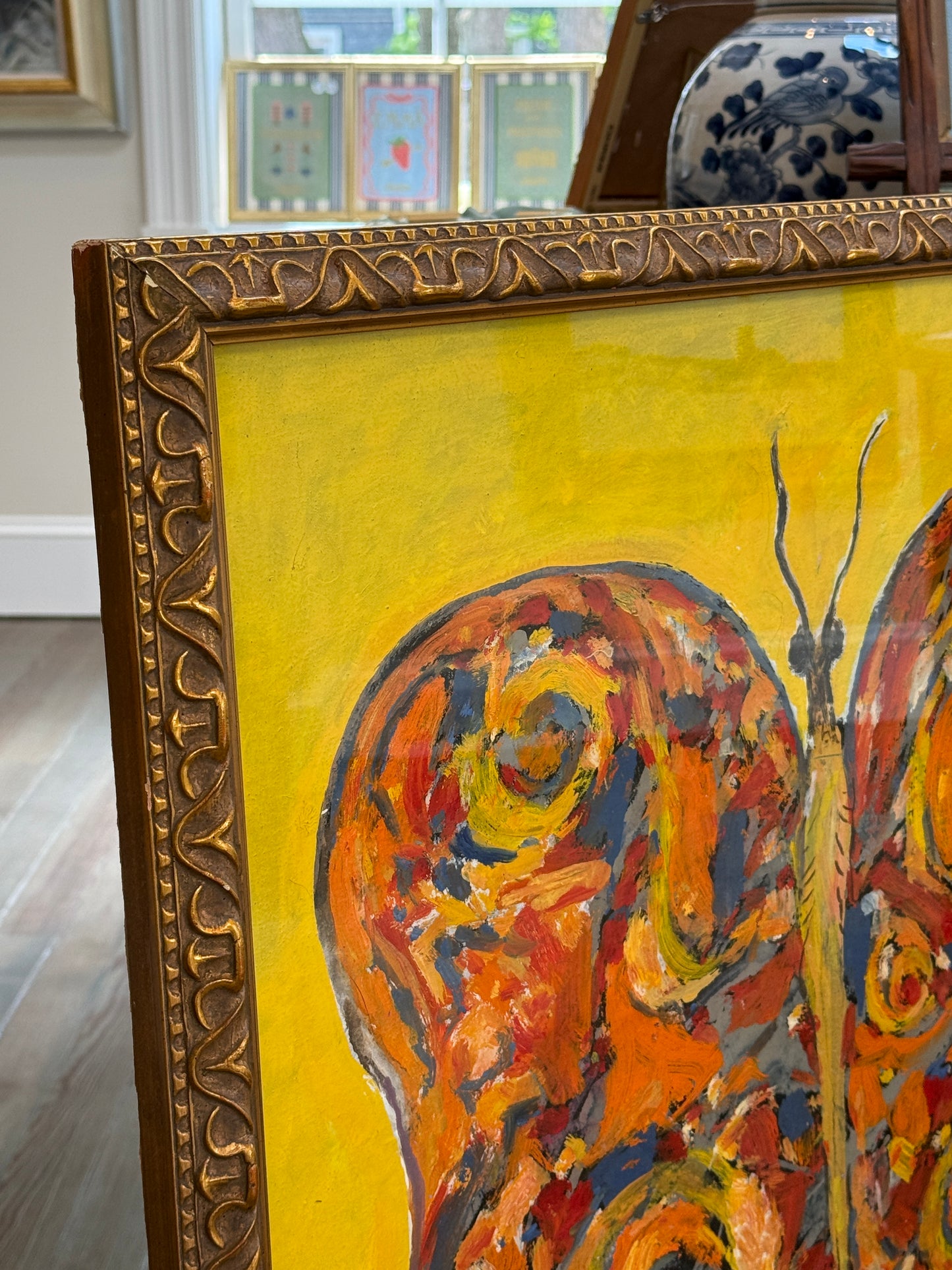 Peter Passuntino Mosaic Butterfly on Yellow Oil Painting in Vintage Gold Frame