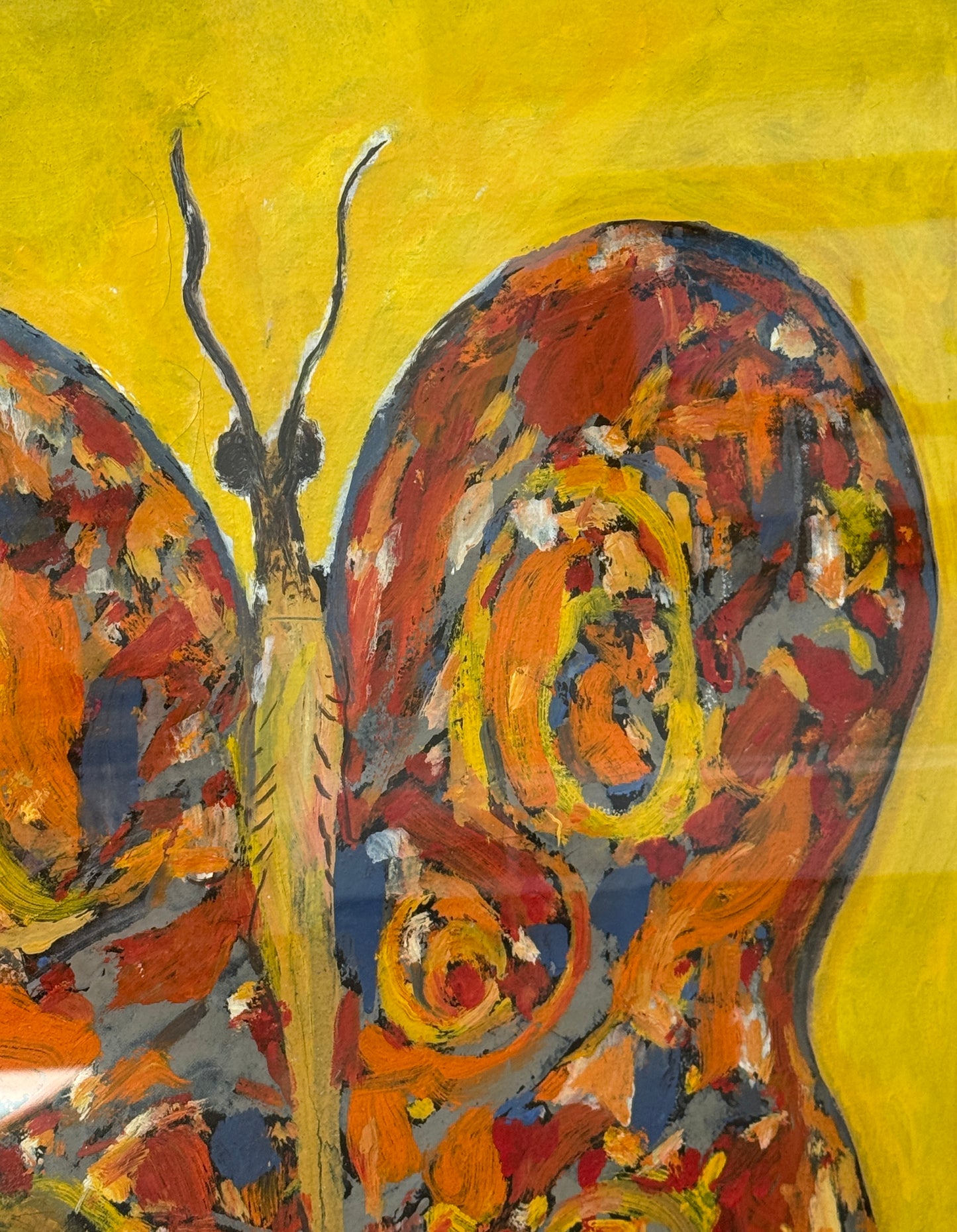 Peter Passuntino Mosaic Butterfly on Yellow Oil Painting in Vintage Gold Frame