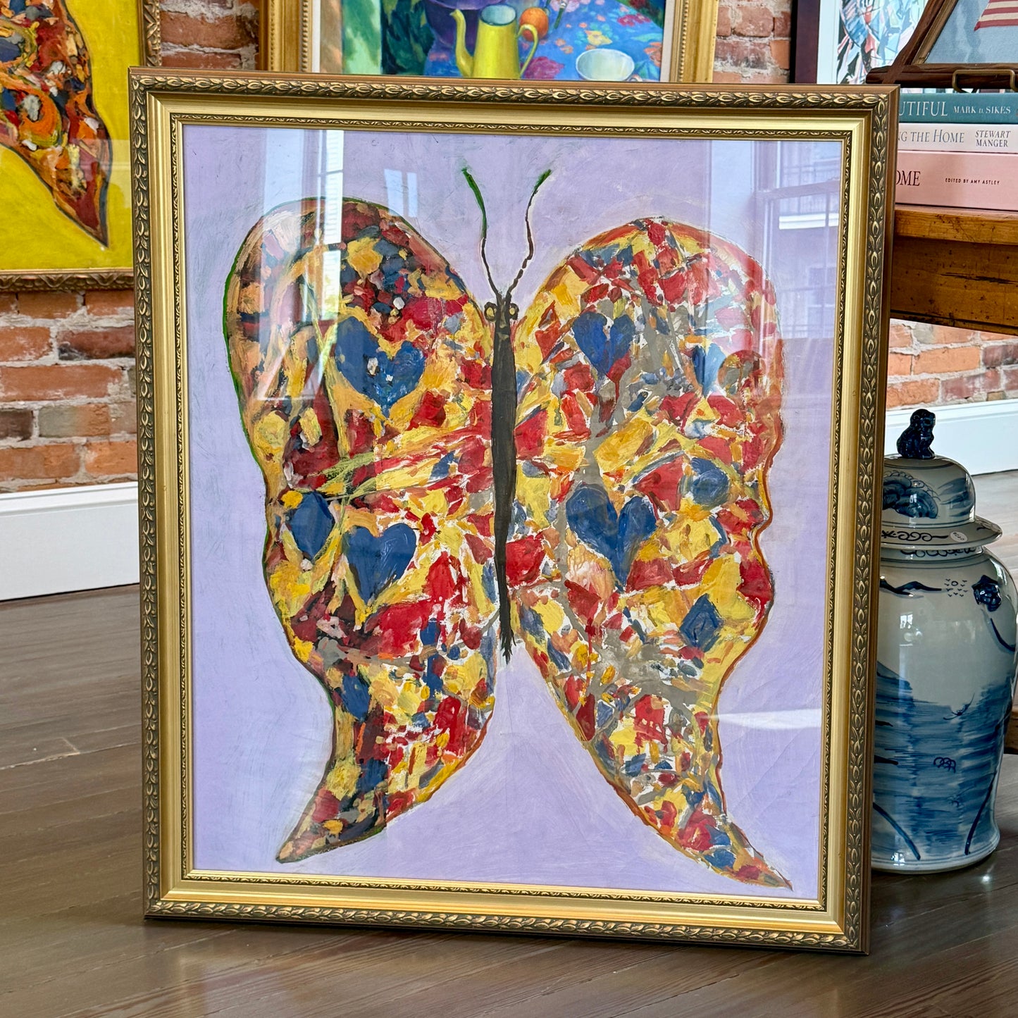 Peter Passuntino Mosaic Butterfly on Lavender Oil Painting in Vintage Gold Frame