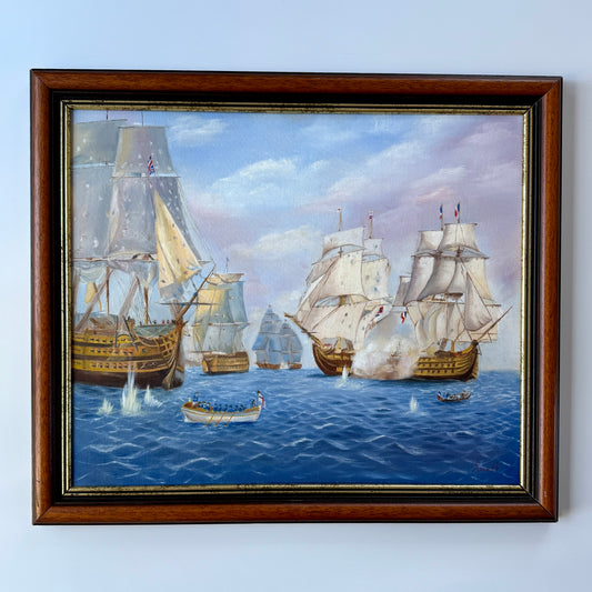 Vintage Naval Battle of Trafalgar Ships in Seascape Oil Painting in Wood Frame