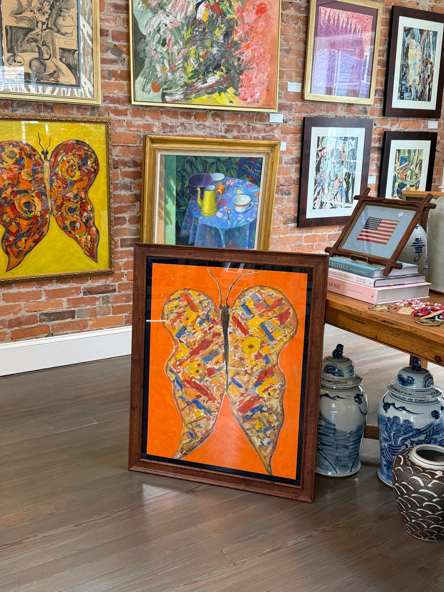 Peter Passuntino Mosaic Butterfly on Orange Oil Painting in Vintage Gold Frame
