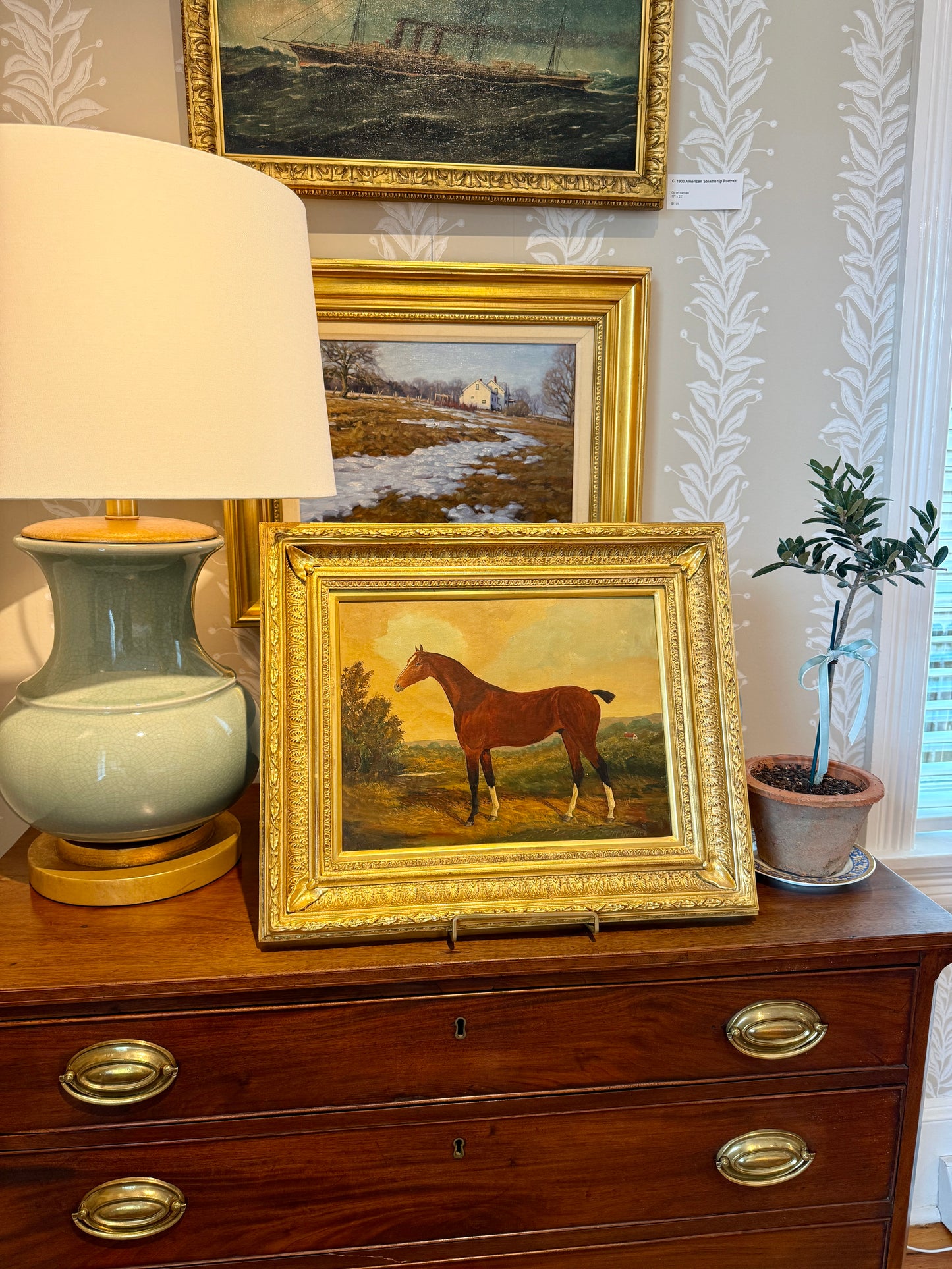 Late 19th - Early 20th Century Bay Horse Portrait British School Oil Painting in Gilded Frame