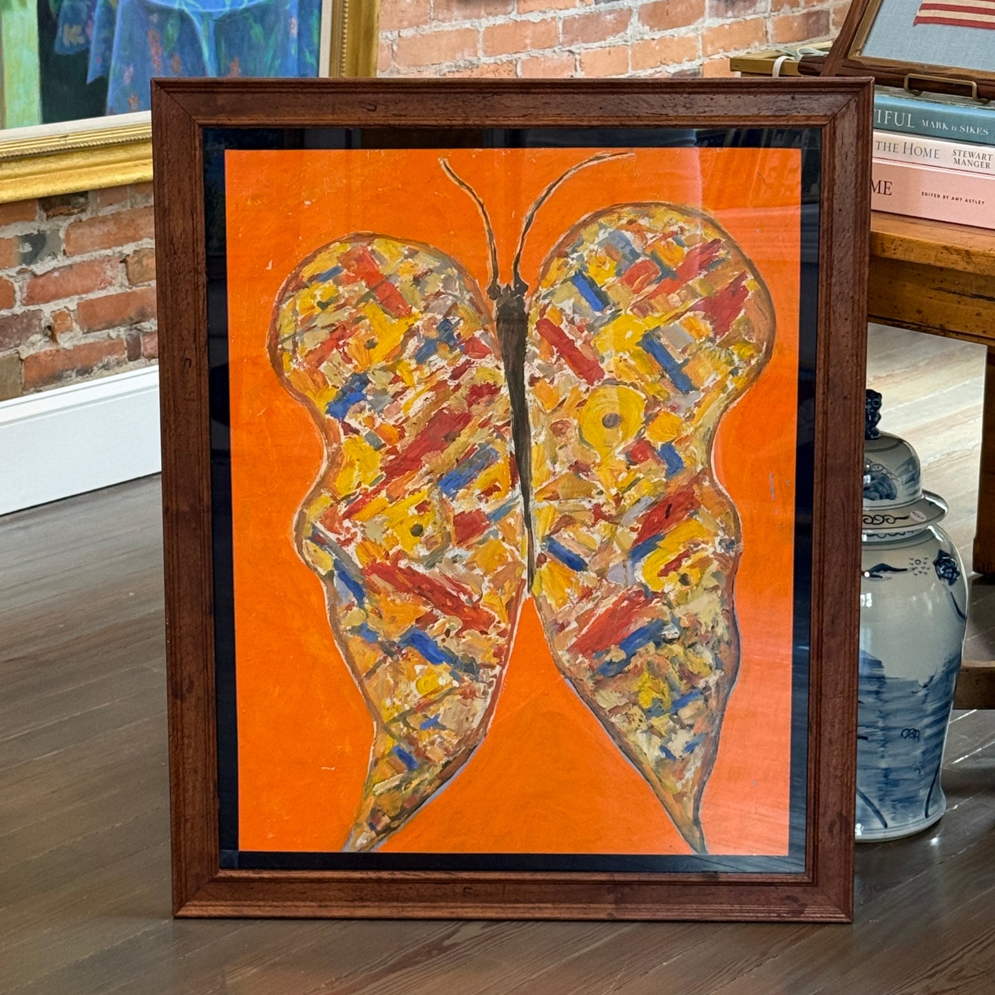Peter Passuntino Mosaic Butterfly on Orange Oil Painting in Vintage Gold Frame