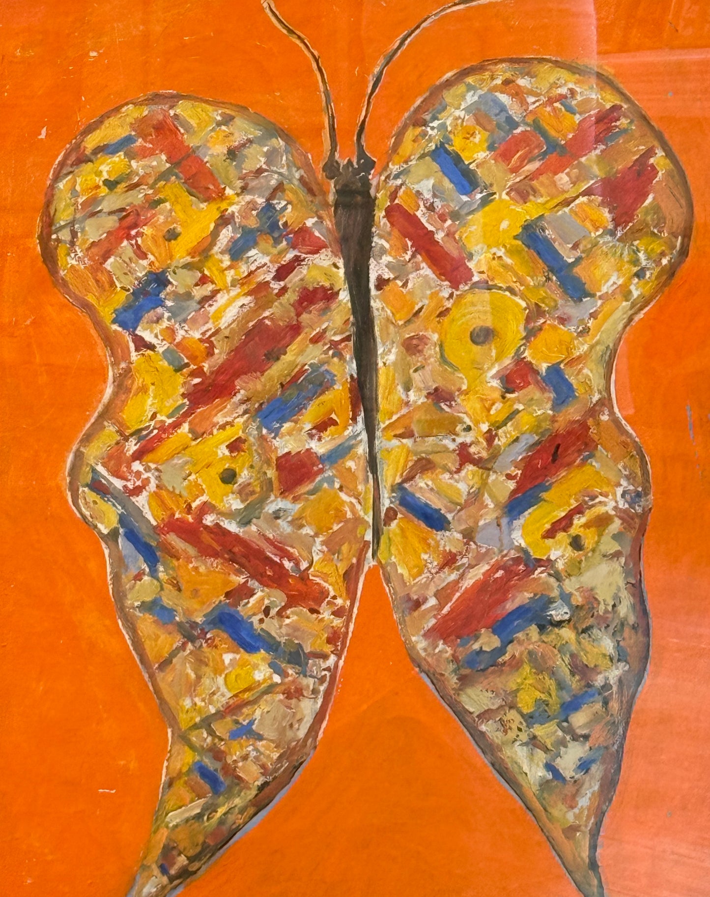 Peter Passuntino Mosaic Butterfly on Orange Oil Painting in Vintage Gold Frame