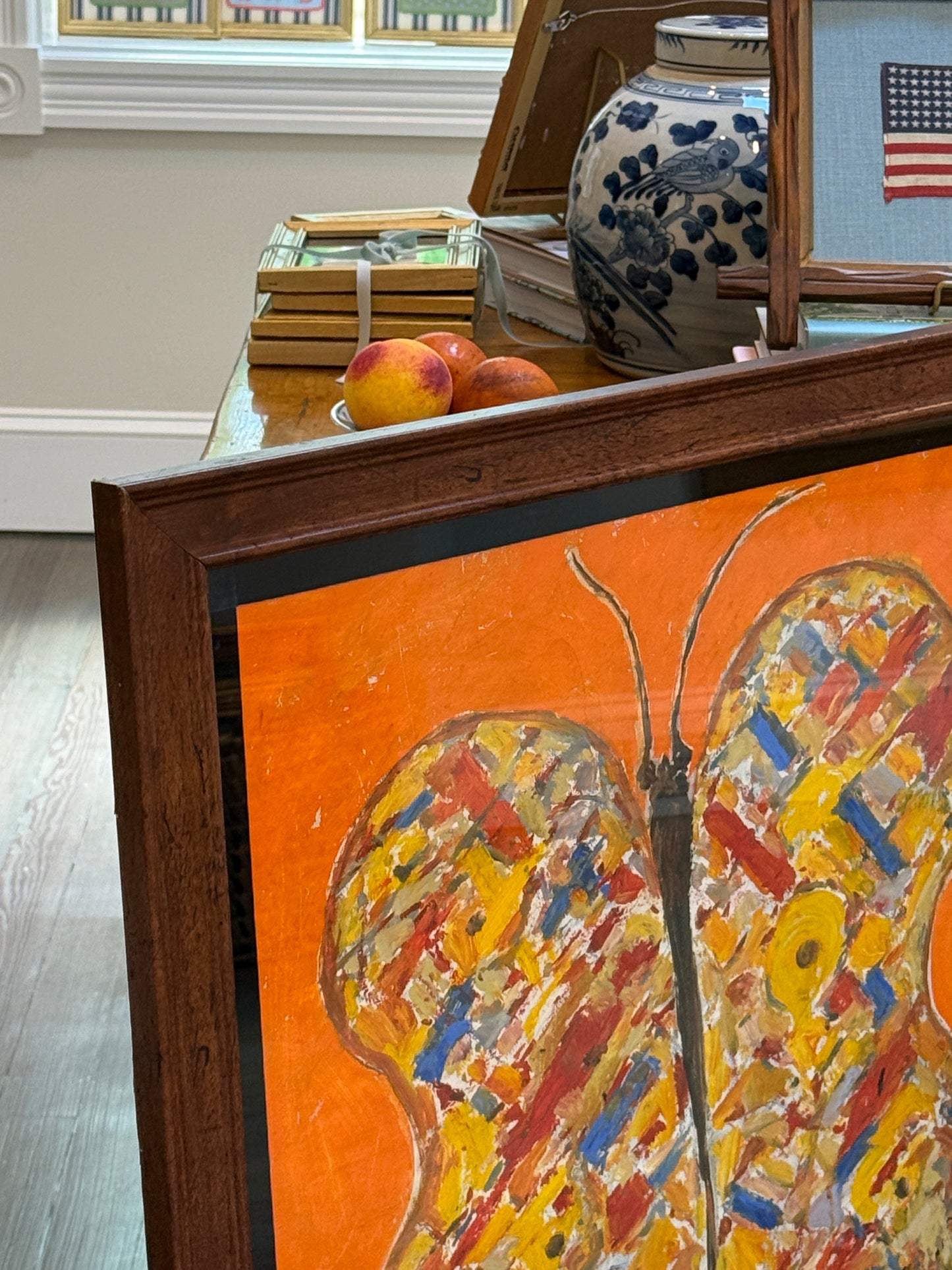 Peter Passuntino Mosaic Butterfly on Orange Oil Painting in Vintage Gold Frame
