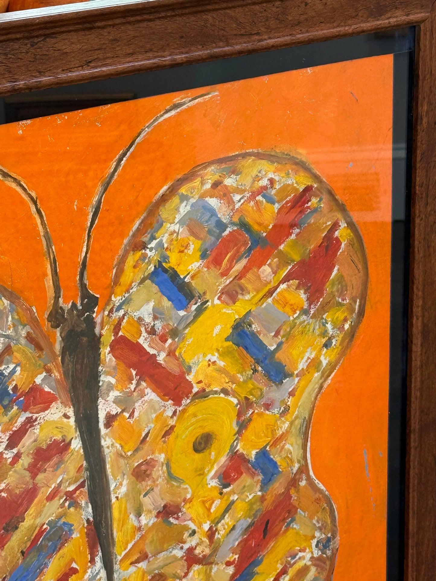 Peter Passuntino Mosaic Butterfly on Orange Oil Painting in Vintage Gold Frame
