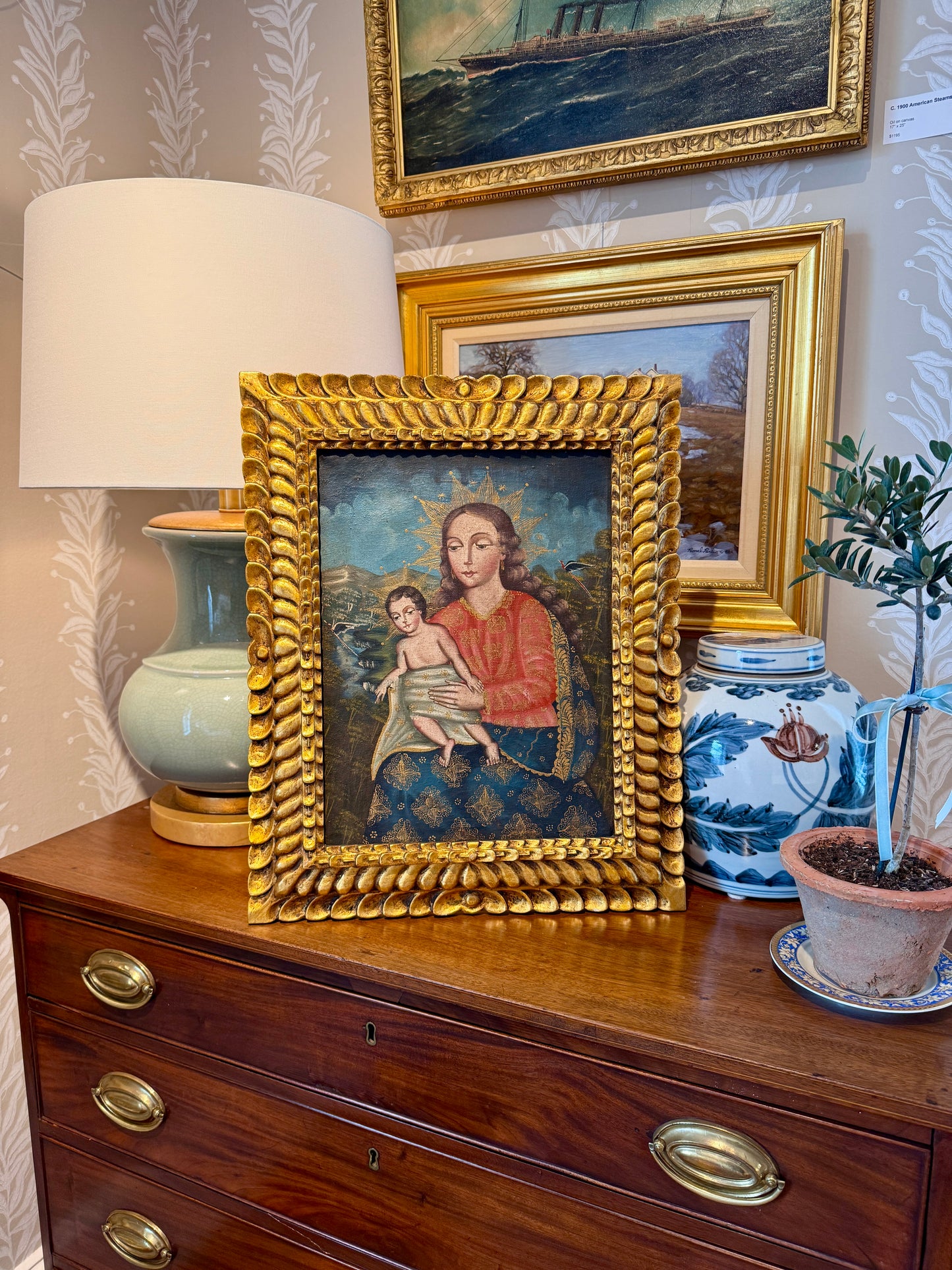 Antique Cuzco School Madonna and Child Portrait Oil Painting in Ornate Gilt Wood Frame