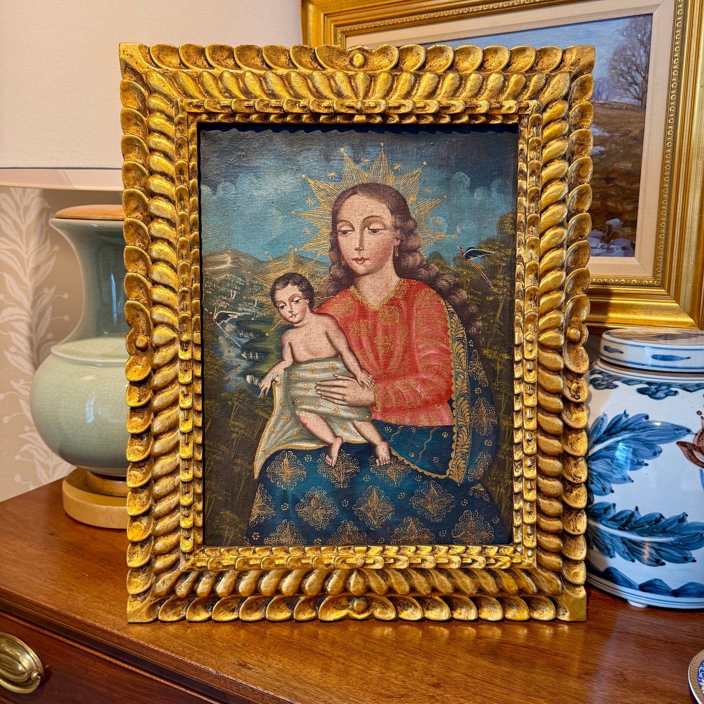 Antique Cuzco School Madonna and Child Portrait Oil Painting in Ornate Gilt Wood Frame