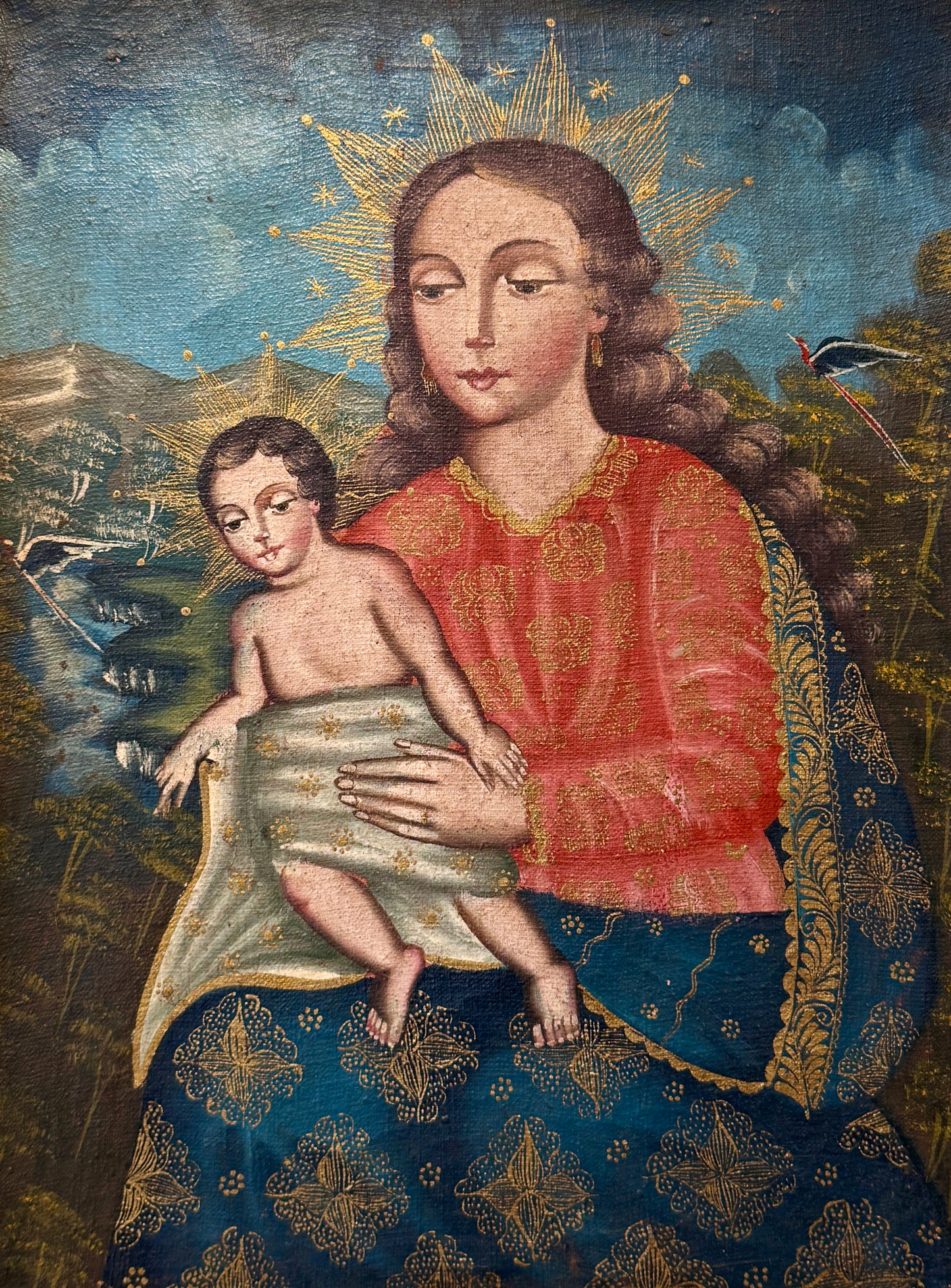 Antique Cuzco School Madonna and Child Portrait Oil Painting in Ornate Gilt Wood Frame