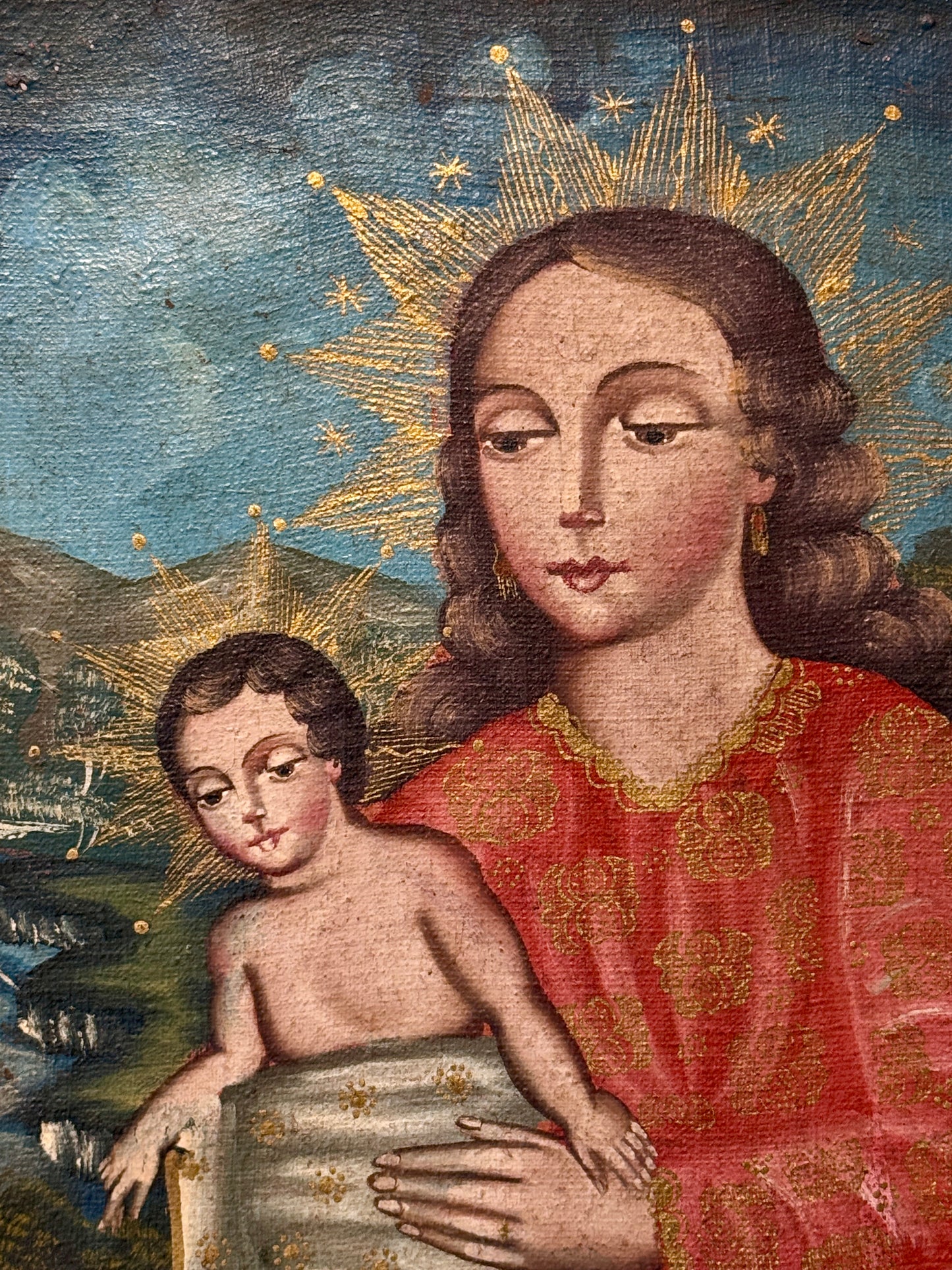 Antique Cuzco School Madonna and Child Portrait Oil Painting in Ornate Gilt Wood Frame