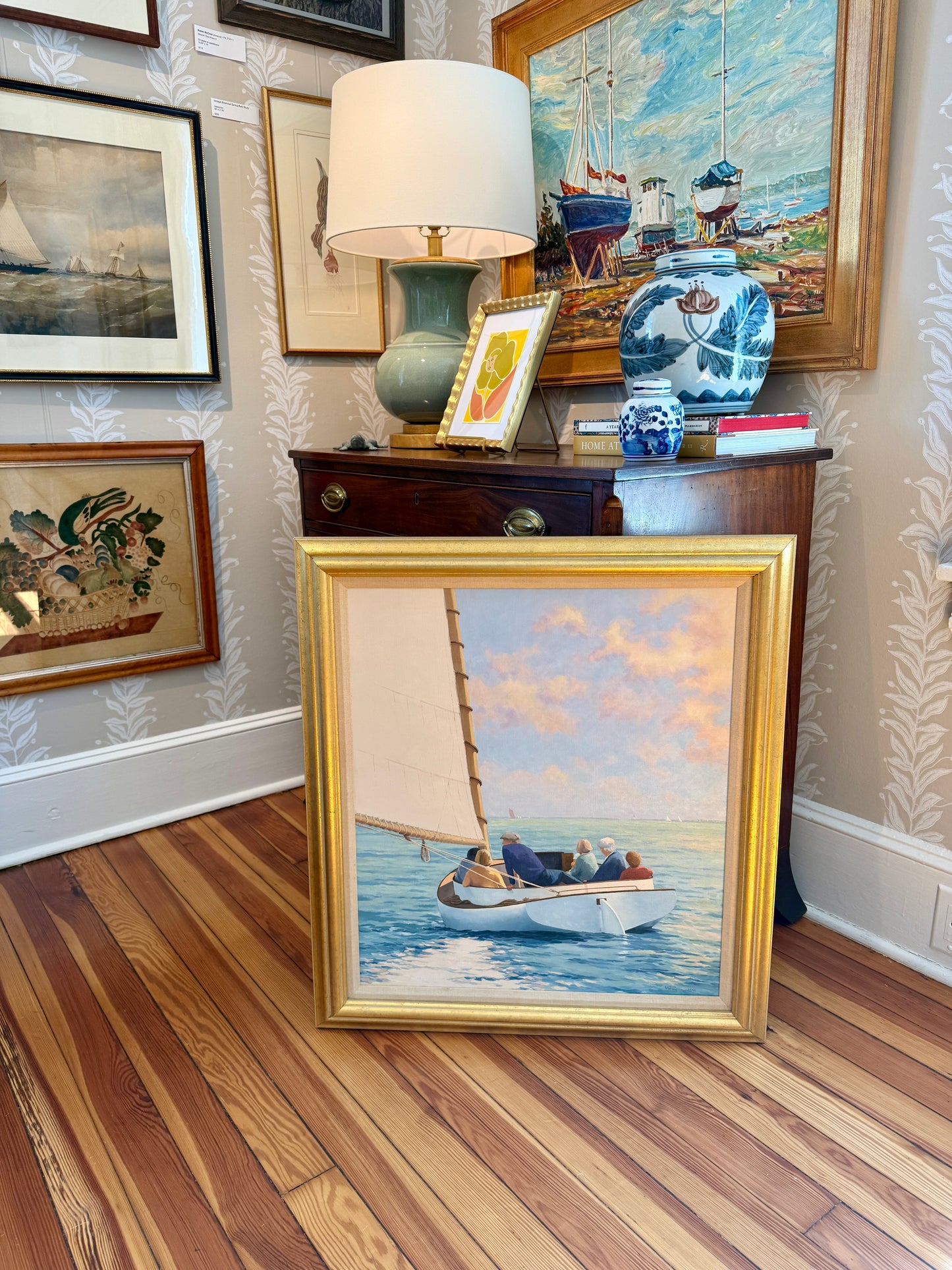 Anthony R. Thompson Sunday on the Bay Sailboat Cruise Seascape Oil Painting in Gold Frame