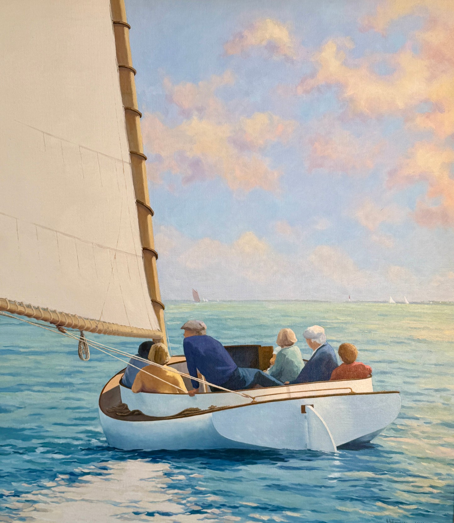 Anthony R. Thompson Sunday on the Bay Sailboat Cruise Seascape Oil Painting in Gold Frame