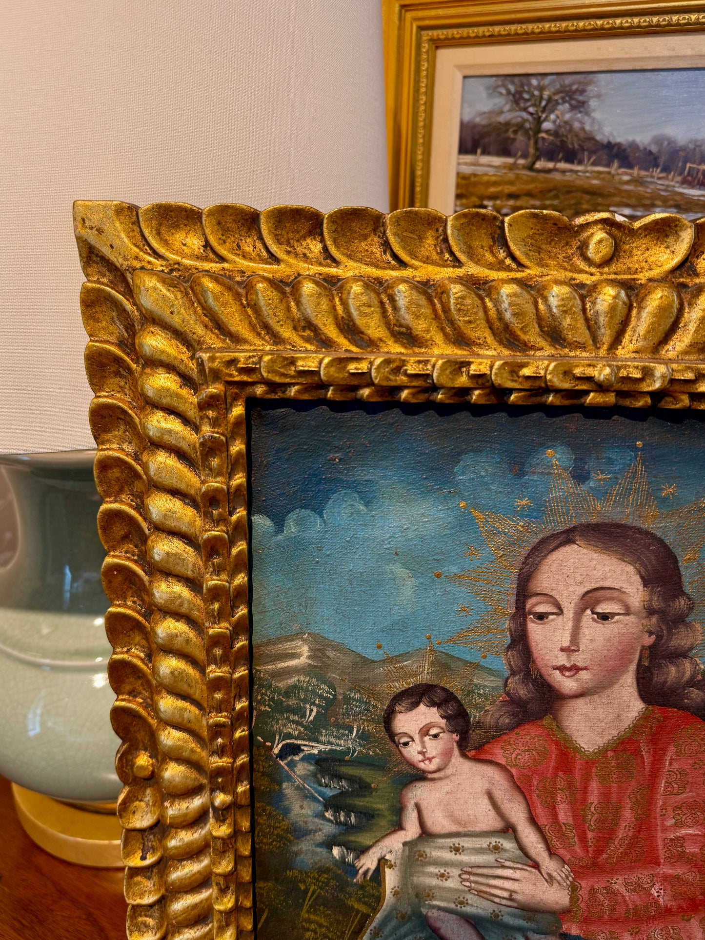 Antique Cuzco School Madonna and Child Portrait Oil Painting in Ornate Gilt Wood Frame