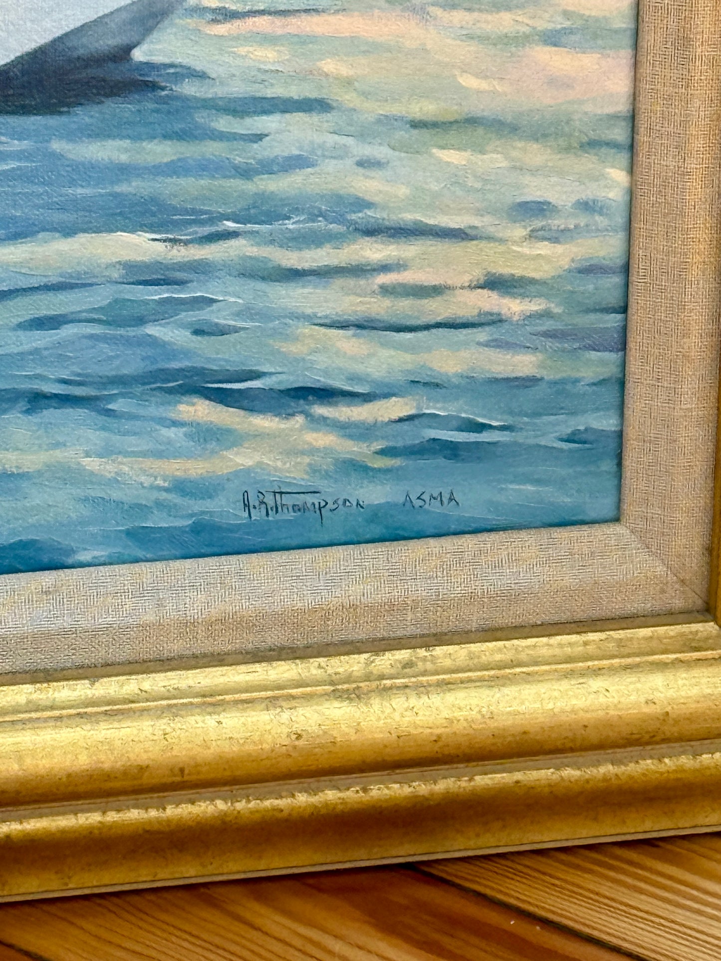 Anthony R. Thompson Sunday on the Bay Sailboat Cruise Seascape Oil Painting in Gold Frame