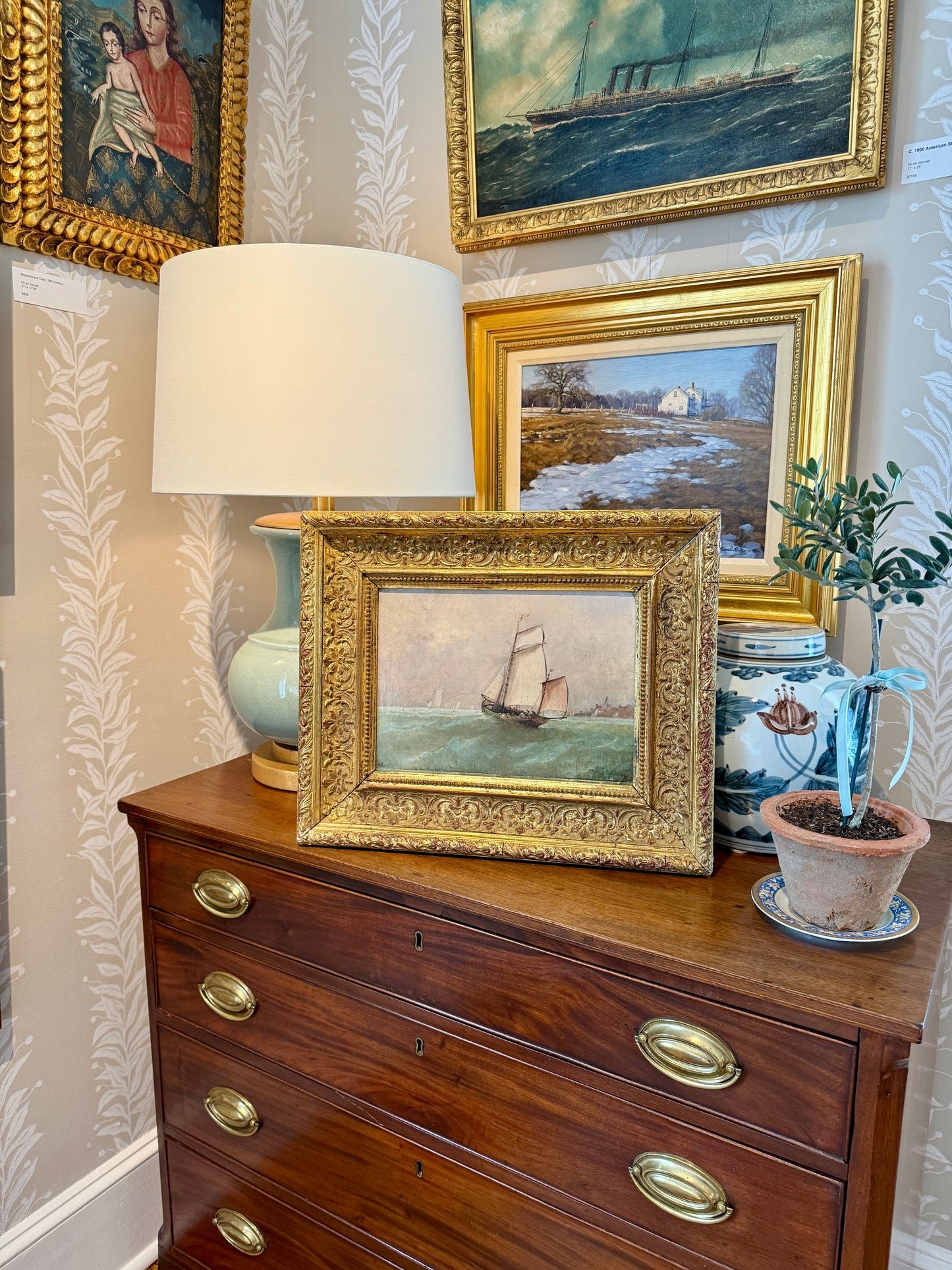 Antique French Sailing Ship Portrait in Seascape Oil Painting in Antique Gilded Frame