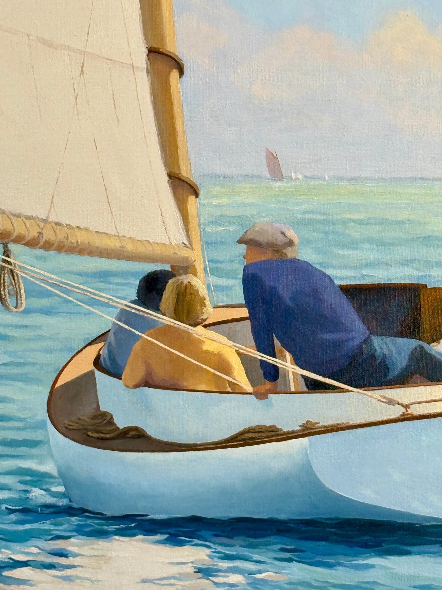 Anthony R. Thompson Sunday on the Bay Sailboat Cruise Seascape Oil Painting in Gold Frame