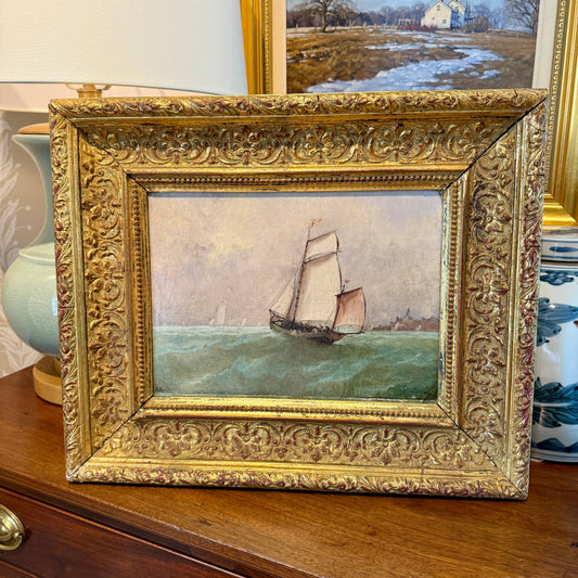 Antique French Sailing Ship Portrait in Seascape Oil Painting in Antique Gilded Frame