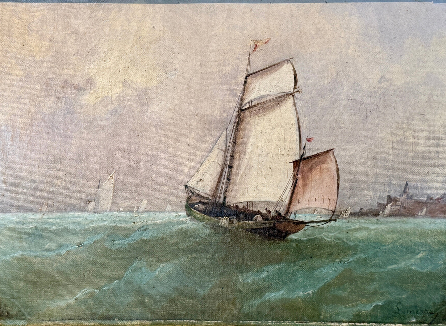 Antique French Sailing Ship Portrait in Seascape Oil Painting in Antique Gilded Frame