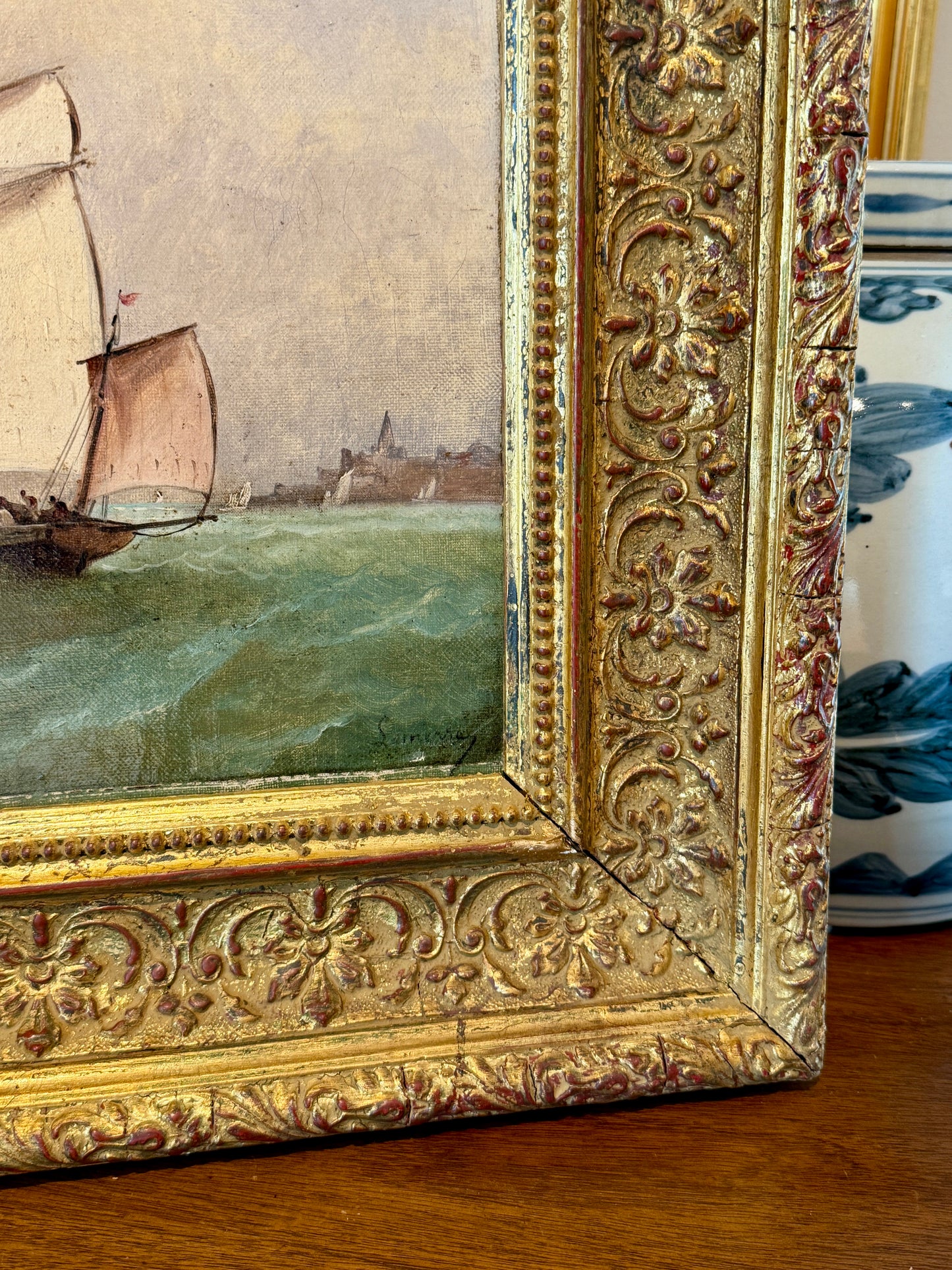 Antique French Sailing Ship Portrait in Seascape Oil Painting in Antique Gilded Frame