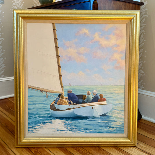 Anthony R. Thompson Sunday on the Bay Sailboat Cruise Seascape Oil Painting in Gold Frame