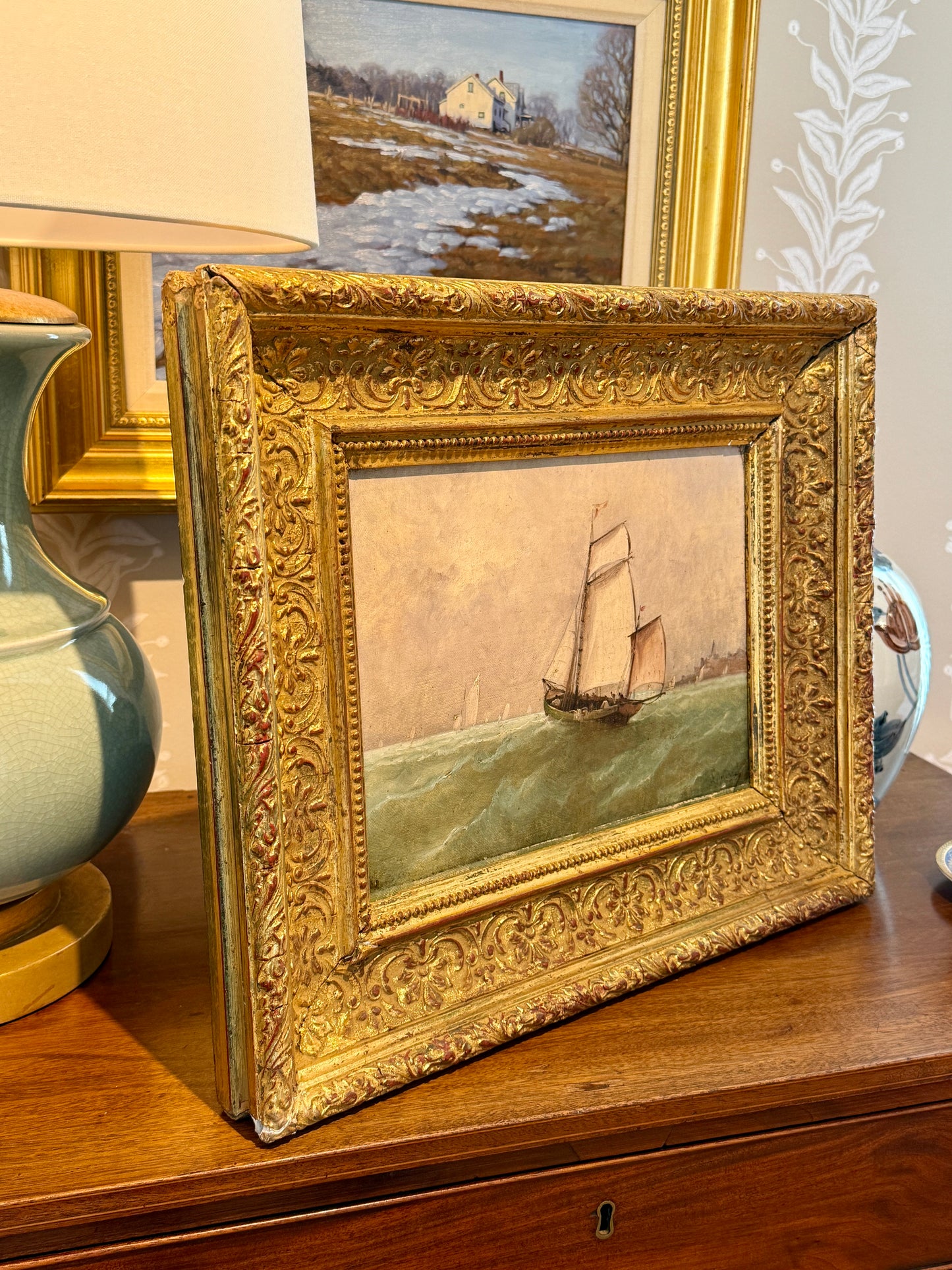Antique French Sailing Ship Portrait in Seascape Oil Painting in Antique Gilded Frame