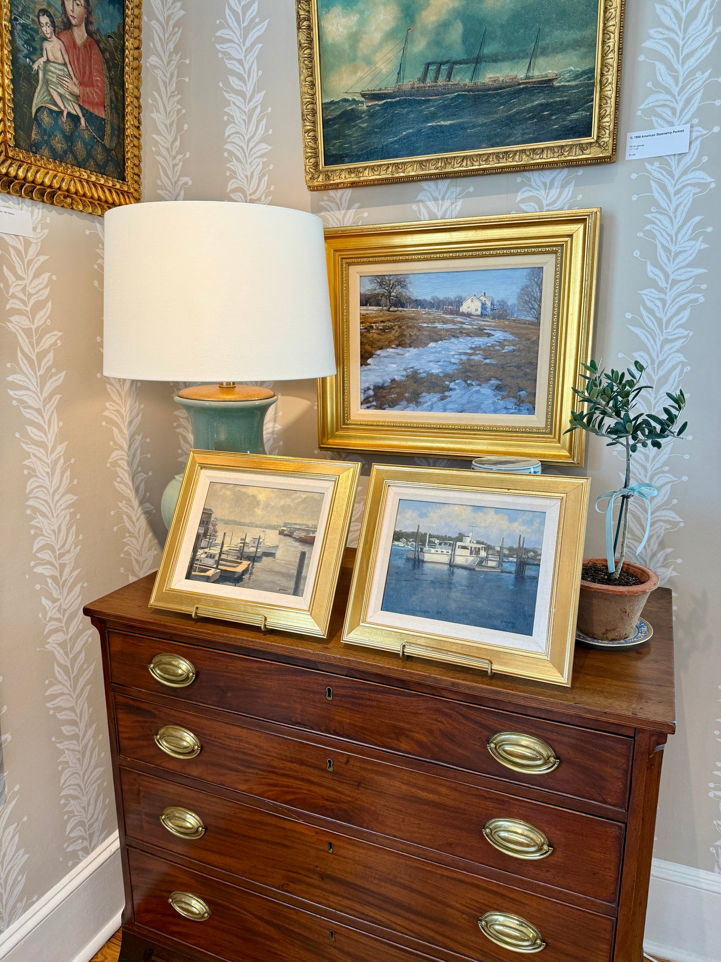Roger Lundskow American Harbor Scene #1 Oil Painting in Gold Frame