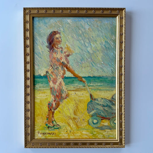 Vintage Mother and Child Beach Walk Impressionist Oil Painting Portrait in Gold Flowered Frame