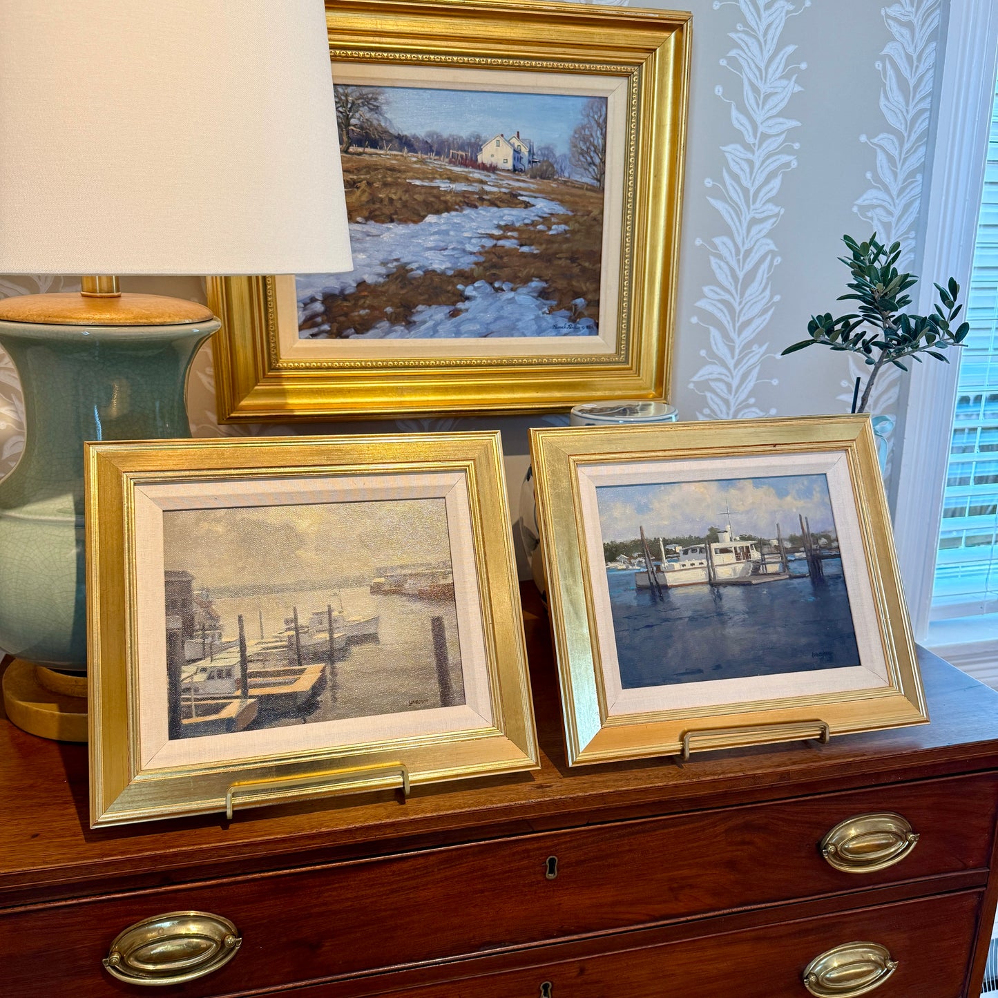 Roger Lundskow American Harbor Scene #1 Oil Painting in Gold Frame