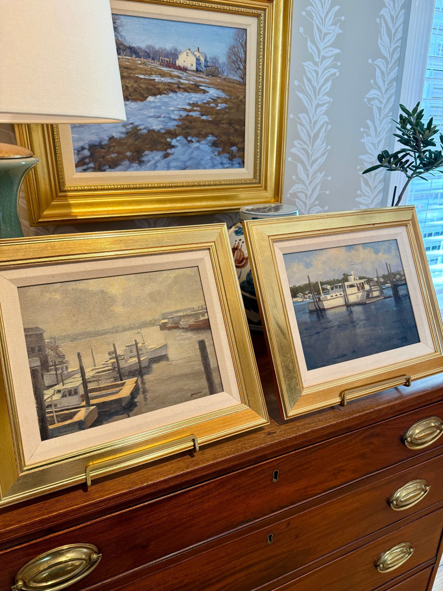 Roger Lundskow American Harbor Scene #1 Oil Painting in Gold Frame