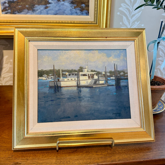 Roger Lundskow American Harbor Scene #2 Oil Painting in Gold Frame
