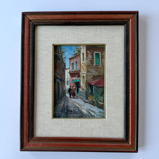 Vintage Italian Street Scene Oil Painting in Wood and Gilded Frame