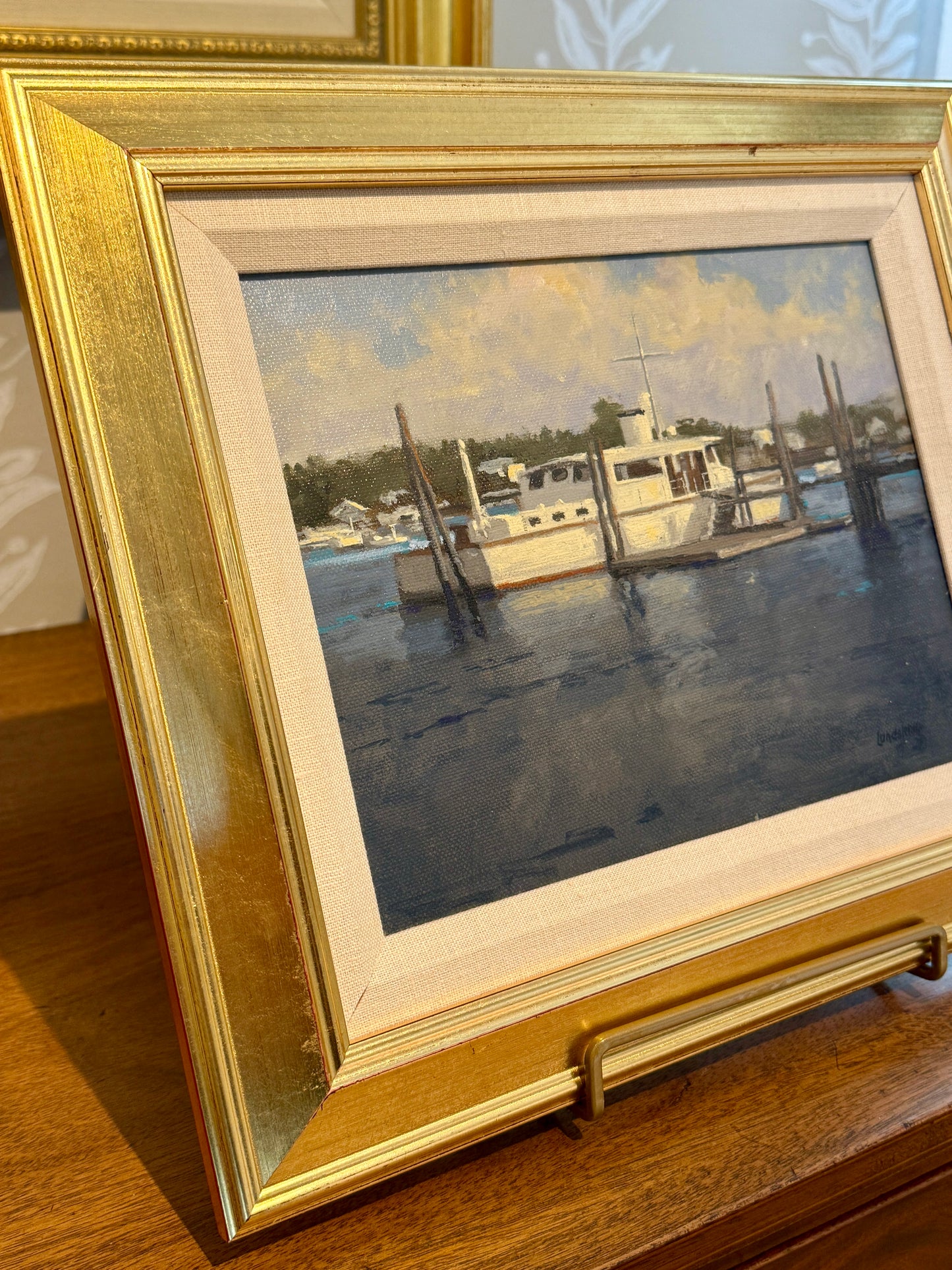 Roger Lundskow American Harbor Scene #2 Oil Painting in Gold Frame