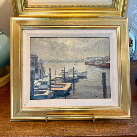 Roger Lundskow American Harbor Scene #1 Oil Painting in Gold Frame