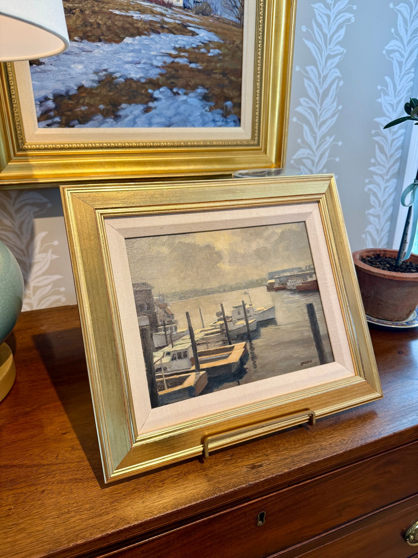 Roger Lundskow American Harbor Scene #1 Oil Painting in Gold Frame