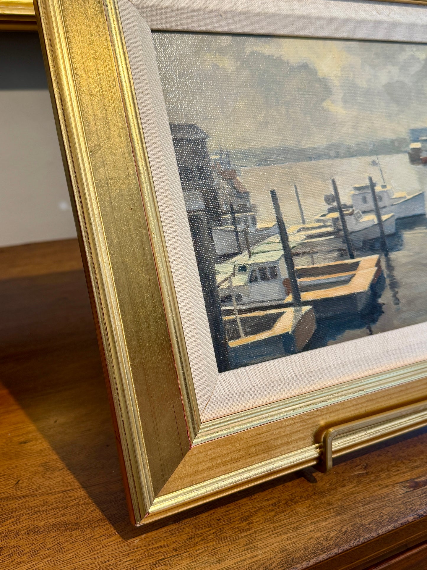 Roger Lundskow American Harbor Scene #1 Oil Painting in Gold Frame